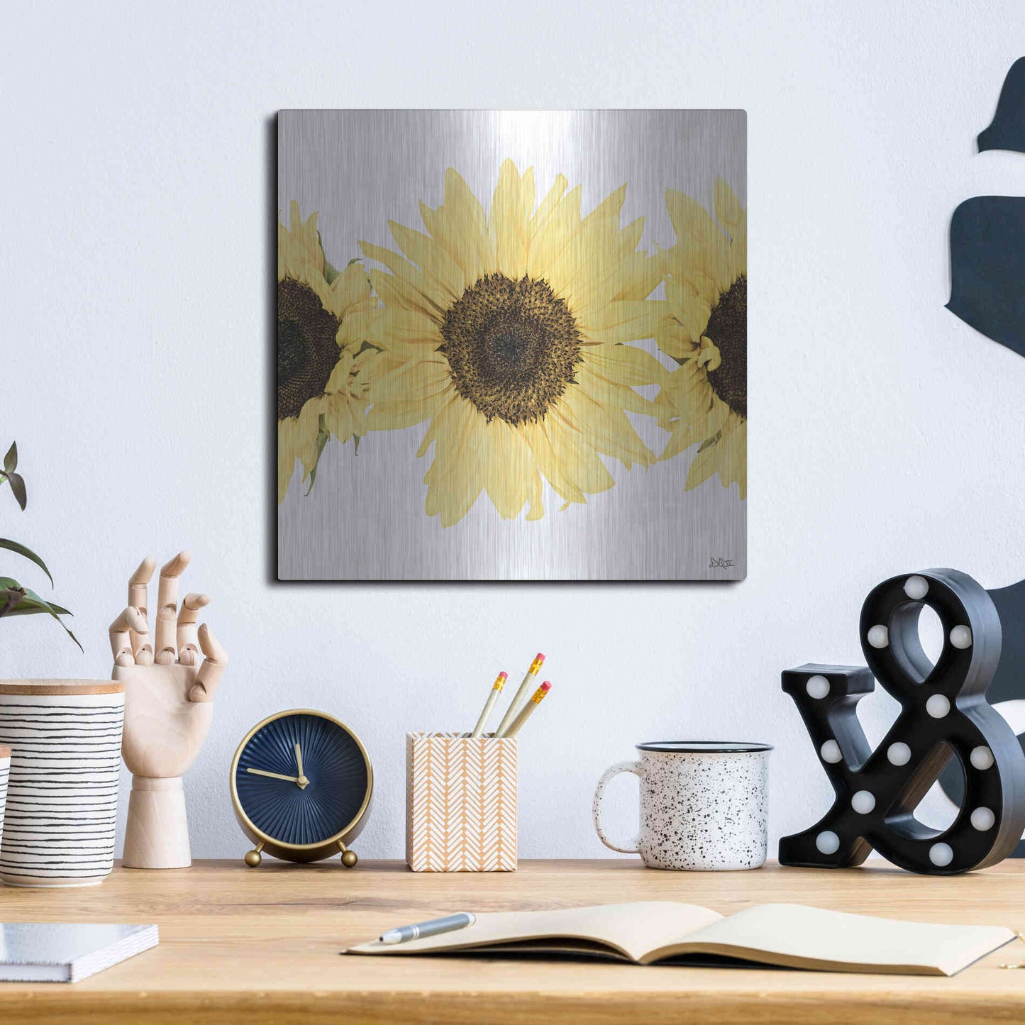 Luxe Metal Art 'Sunflowers in a Row I' by Donnie Quillen, Metal Wall Art,12x12