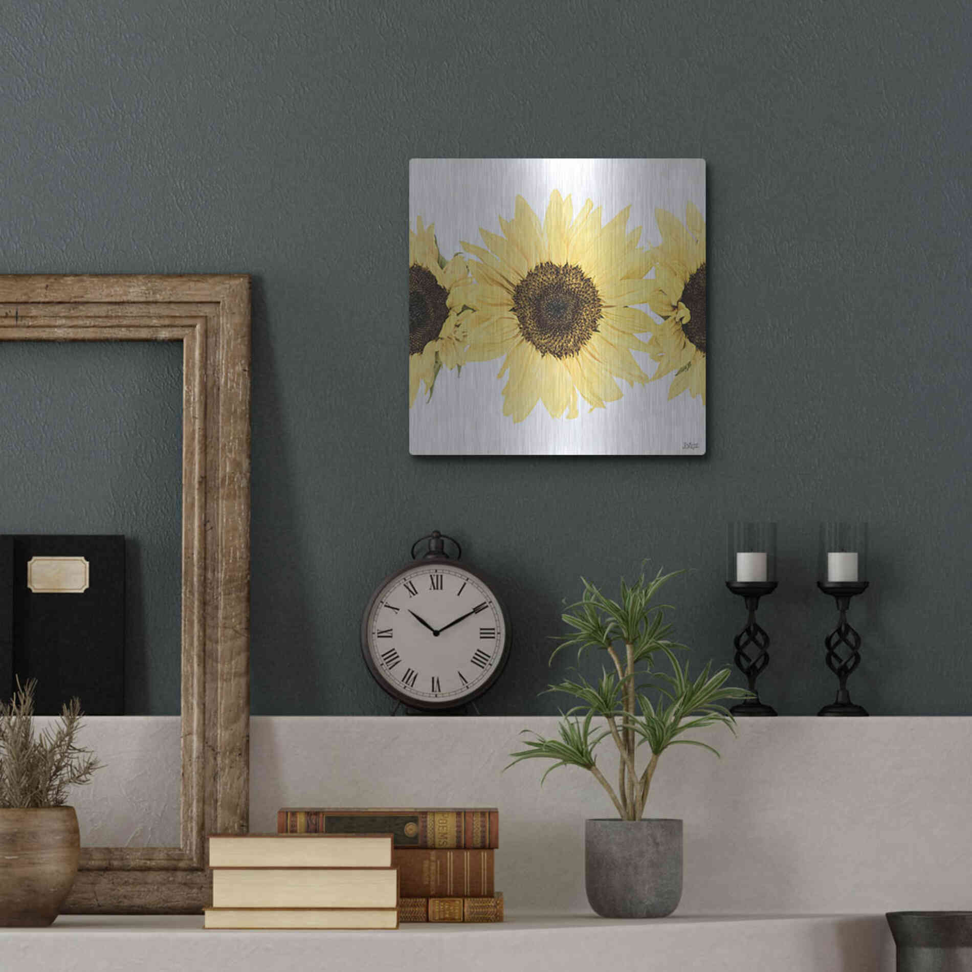 Luxe Metal Art 'Sunflowers in a Row I' by Donnie Quillen, Metal Wall Art,12x12