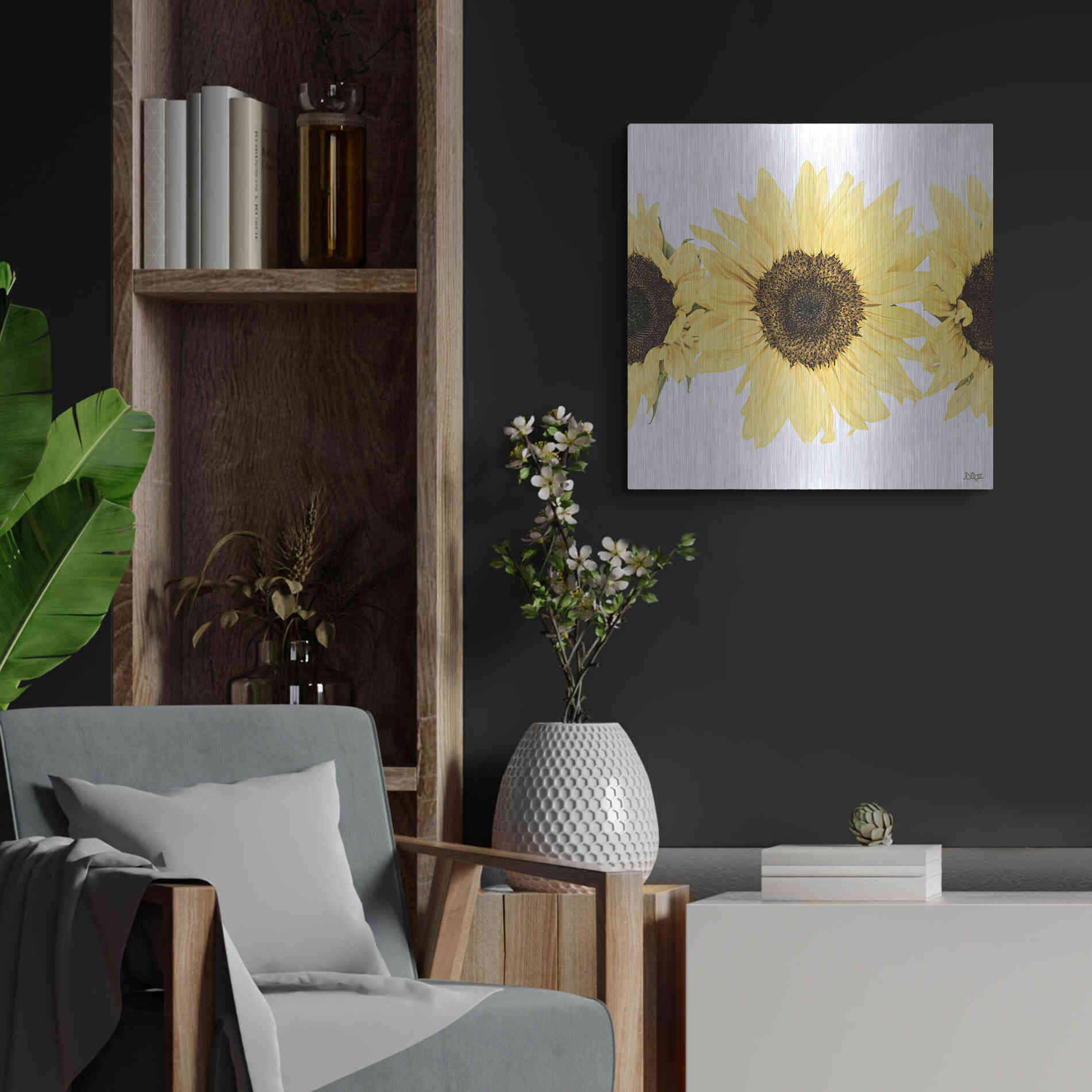 Luxe Metal Art 'Sunflowers in a Row I' by Donnie Quillen, Metal Wall Art,24x24