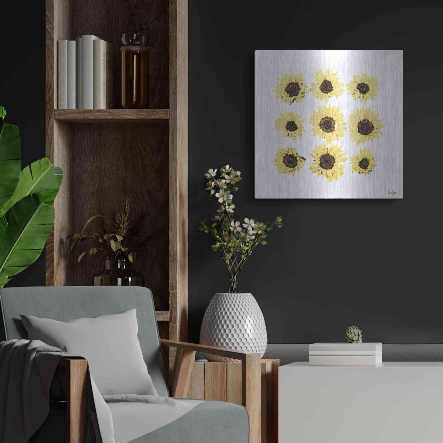Luxe Metal Art 'Sunflowers in a Row II' by Donnie Quillen, Metal Wall Art,24x24