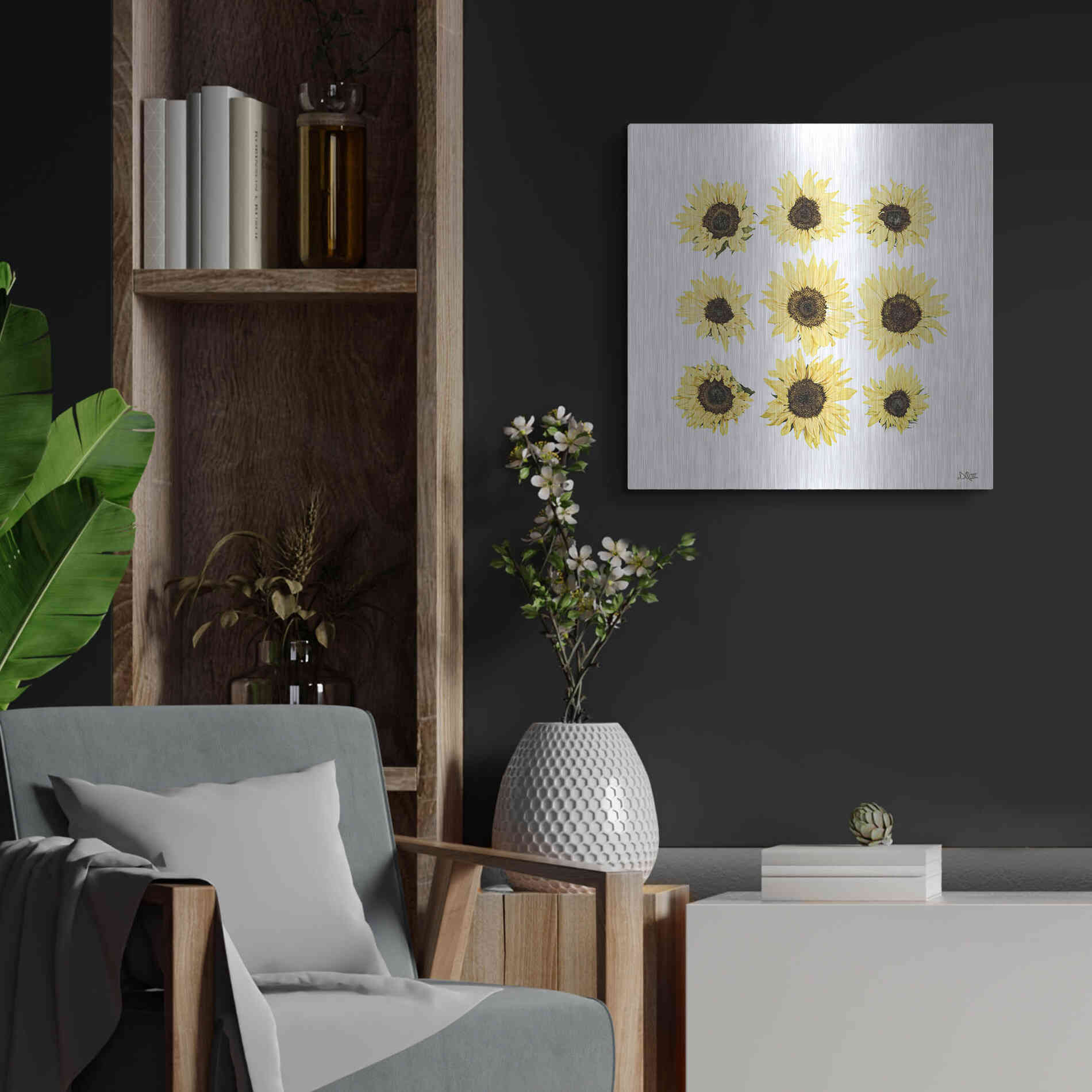 Luxe Metal Art 'Sunflowers in a Row II' by Donnie Quillen, Metal Wall Art,24x24