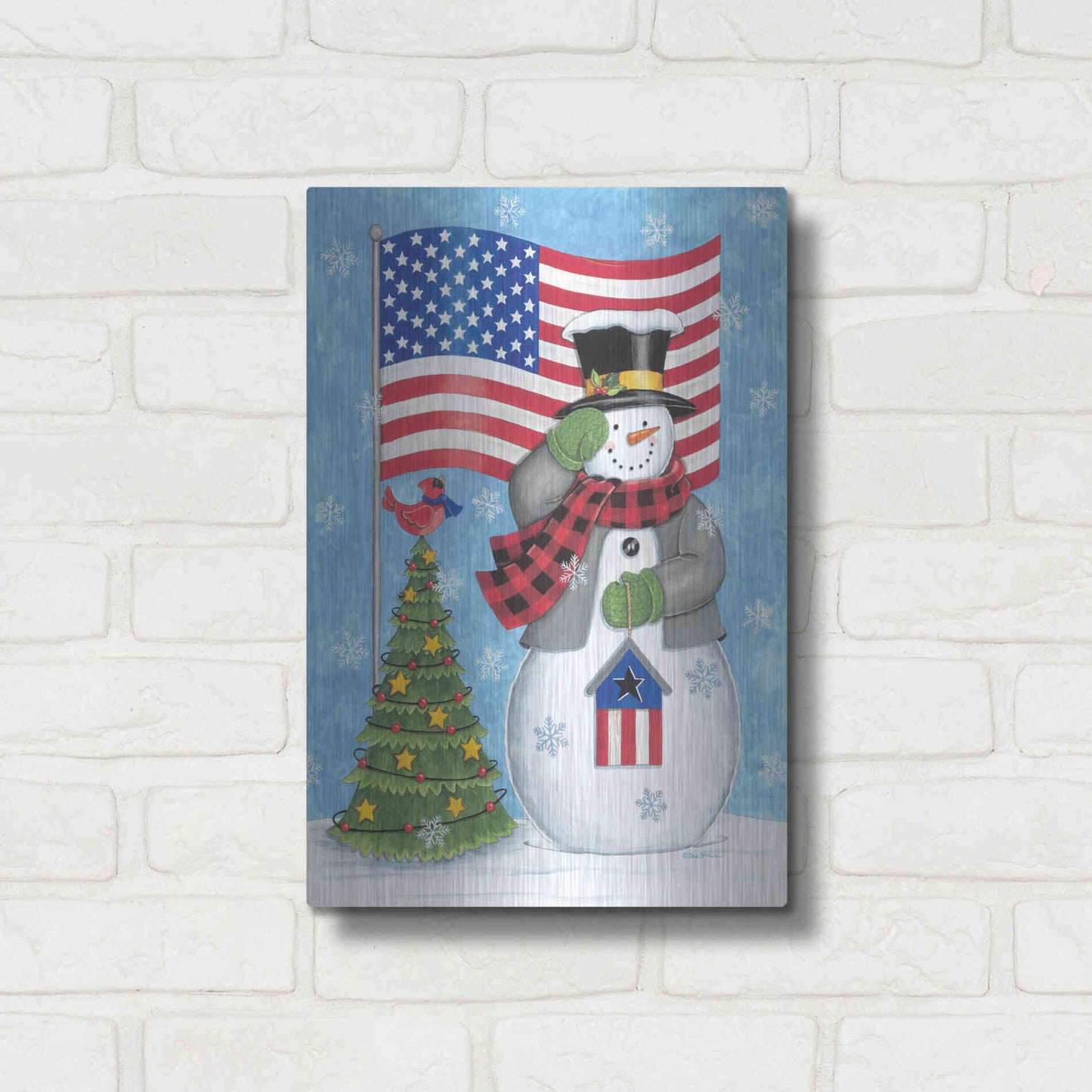 Luxe Metal Art 'Patriotic Snowman' by Deb Strain, Metal Wall Art,12x16
