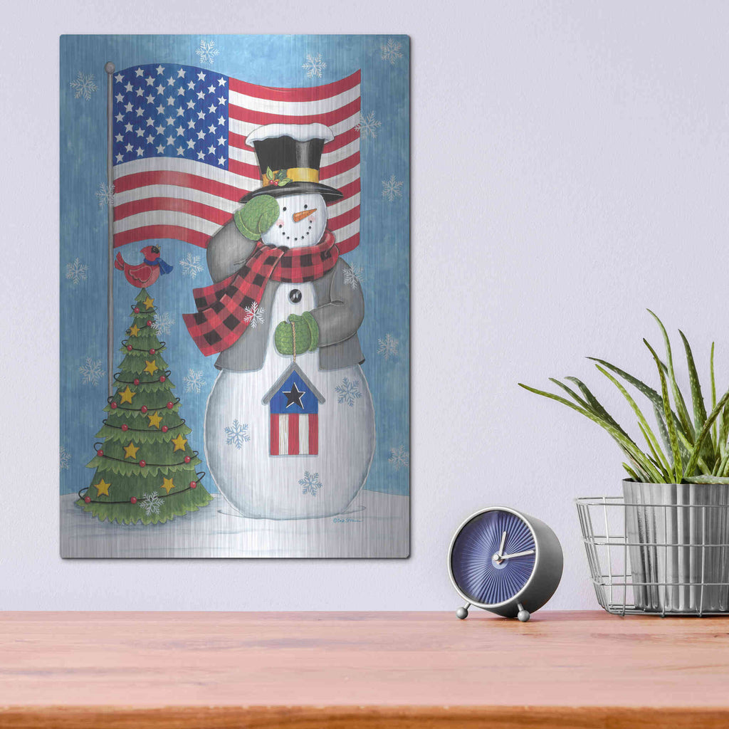 Luxe Metal Art 'Patriotic Snowman' by Deb Strain, Metal Wall Art,12x16