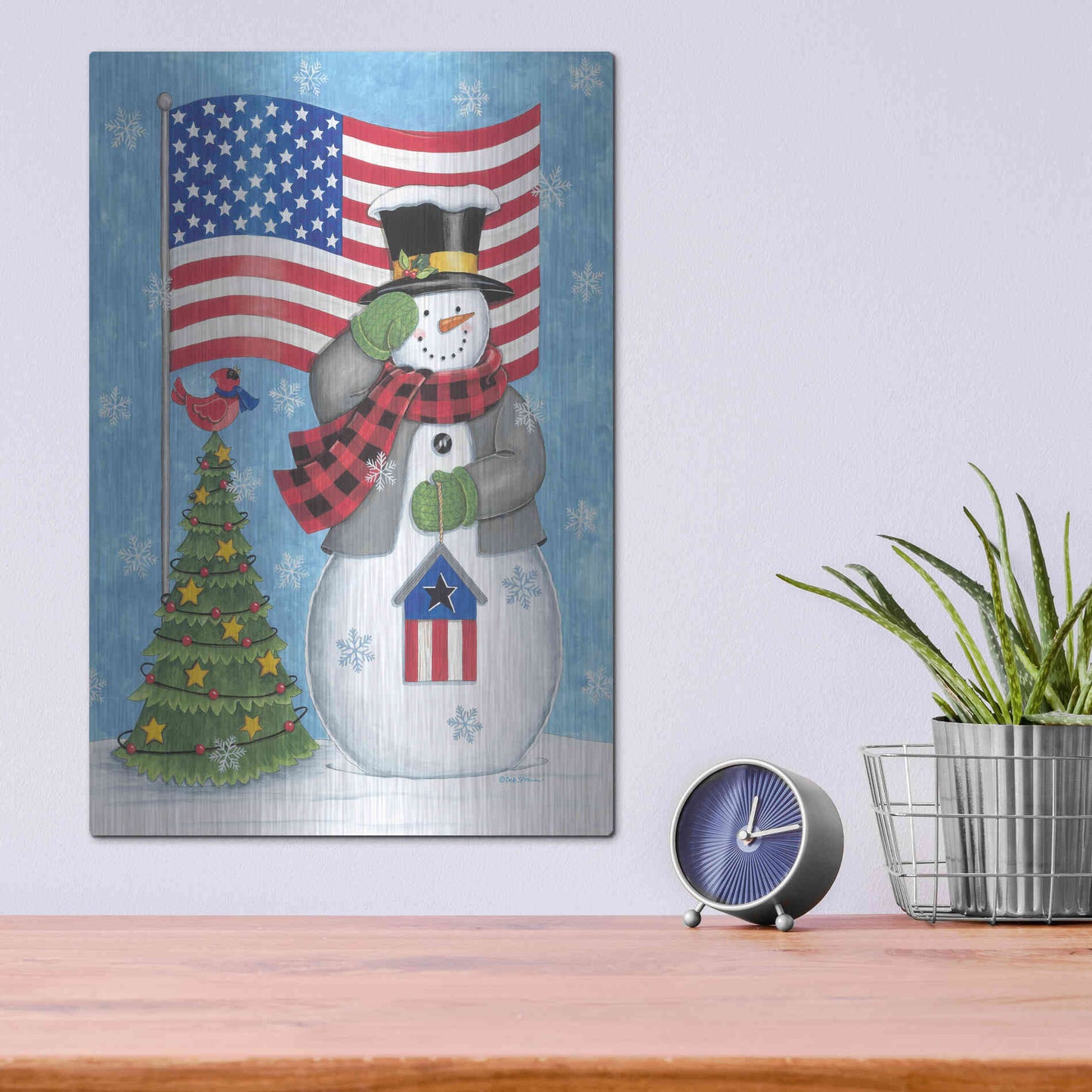 Luxe Metal Art 'Patriotic Snowman' by Deb Strain, Metal Wall Art,12x16