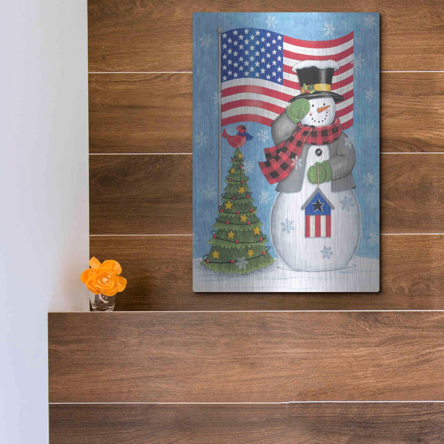 Luxe Metal Art 'Patriotic Snowman' by Deb Strain, Metal Wall Art,12x16