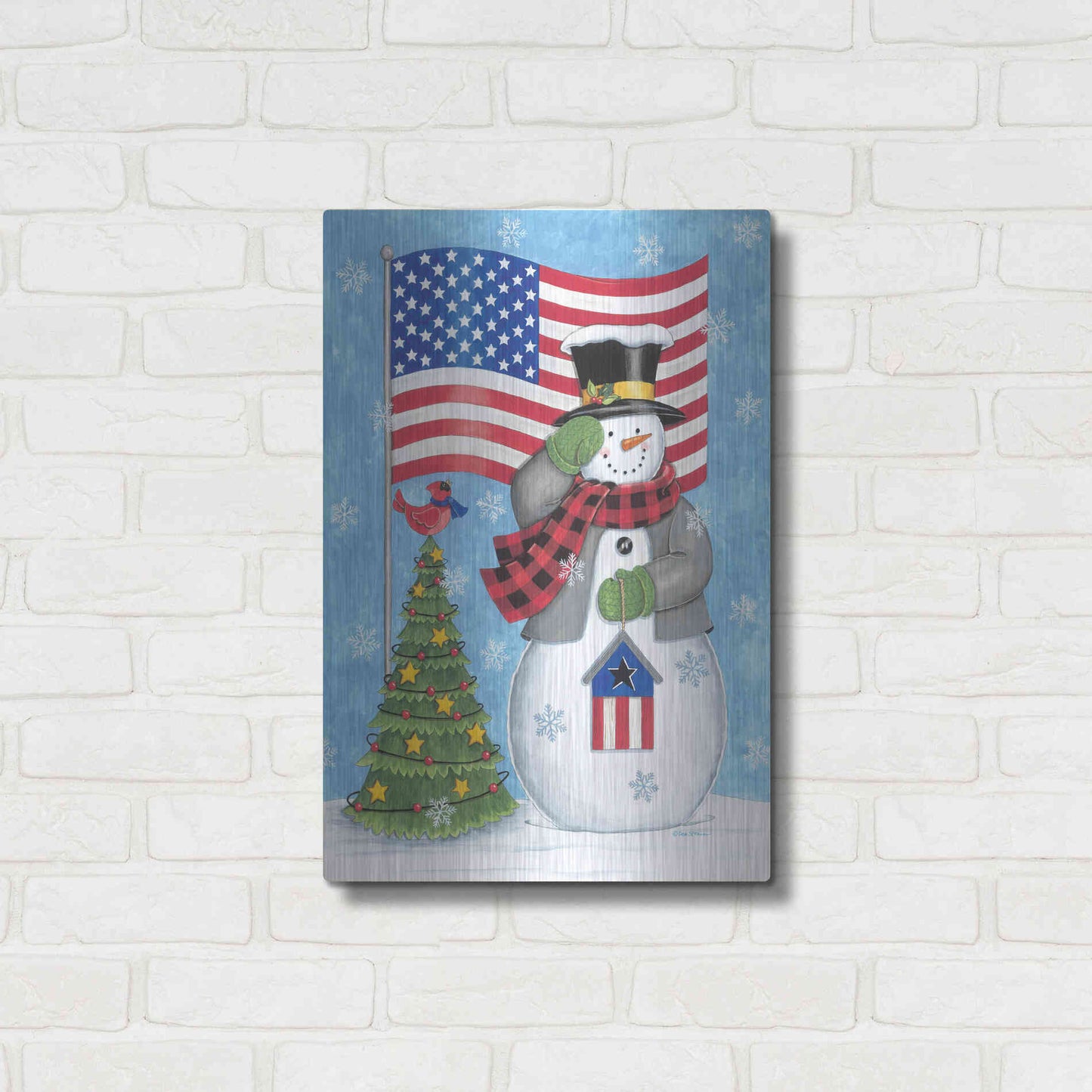 Luxe Metal Art 'Patriotic Snowman' by Deb Strain, Metal Wall Art,16x24