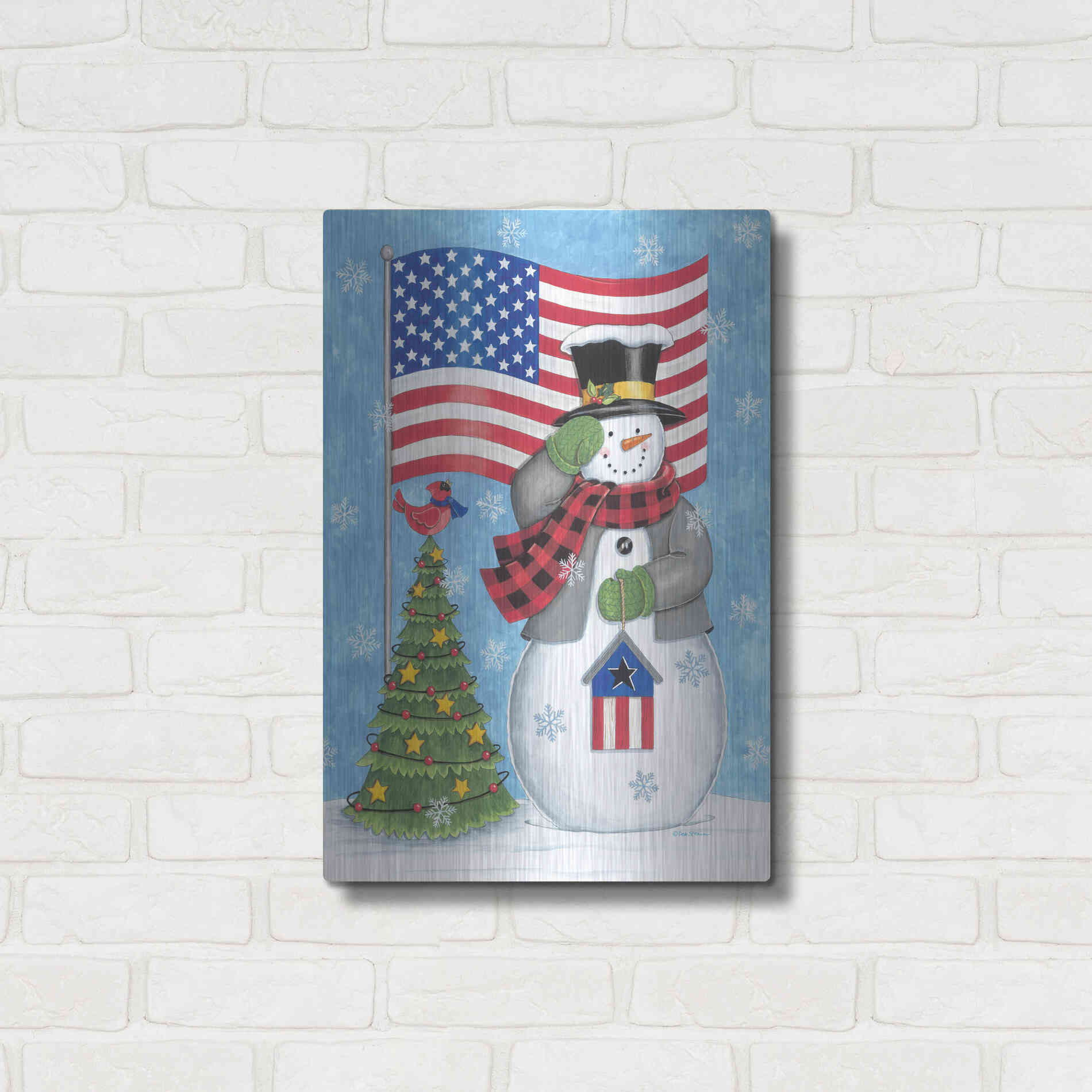 Luxe Metal Art 'Patriotic Snowman' by Deb Strain, Metal Wall Art,16x24