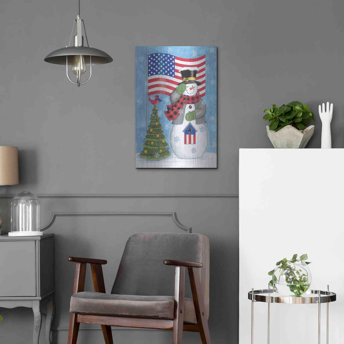 Luxe Metal Art 'Patriotic Snowman' by Deb Strain, Metal Wall Art,16x24