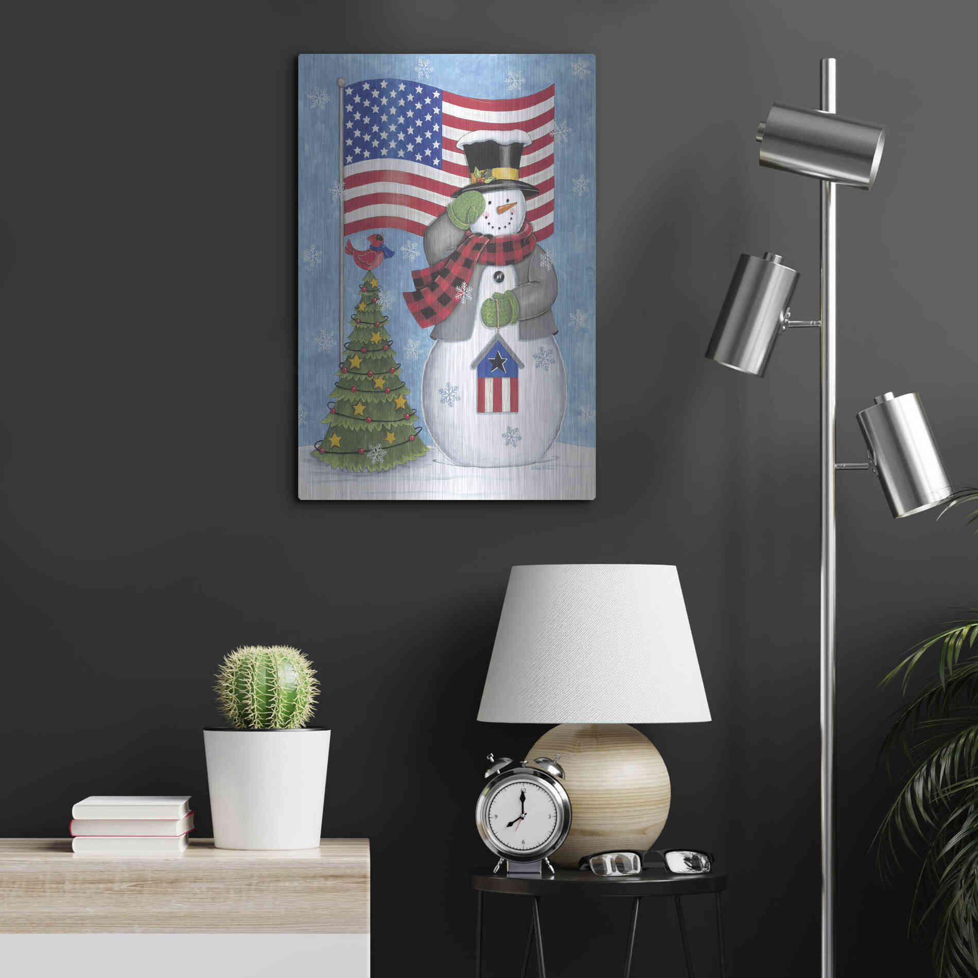 Luxe Metal Art 'Patriotic Snowman' by Deb Strain, Metal Wall Art,16x24