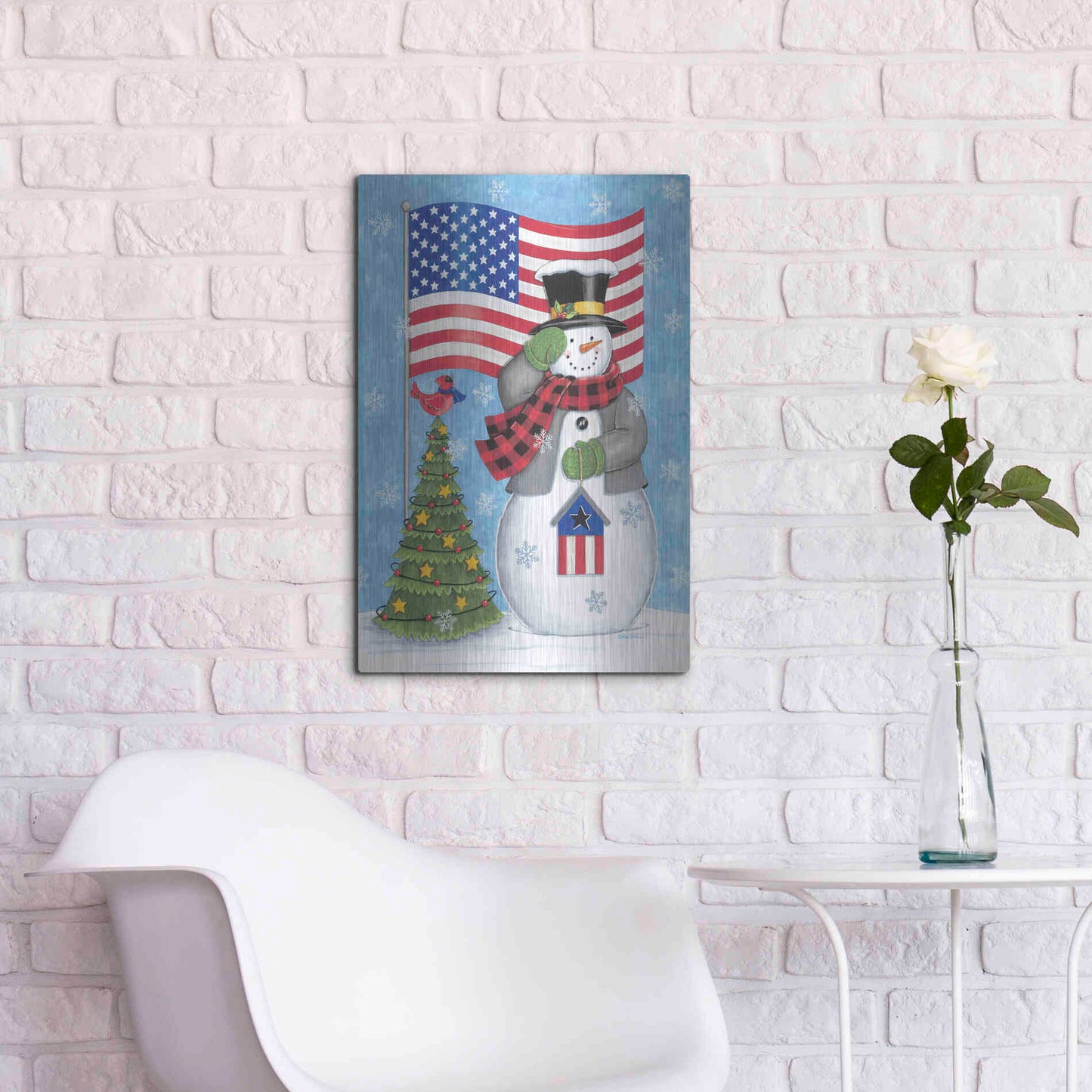 Luxe Metal Art 'Patriotic Snowman' by Deb Strain, Metal Wall Art,16x24