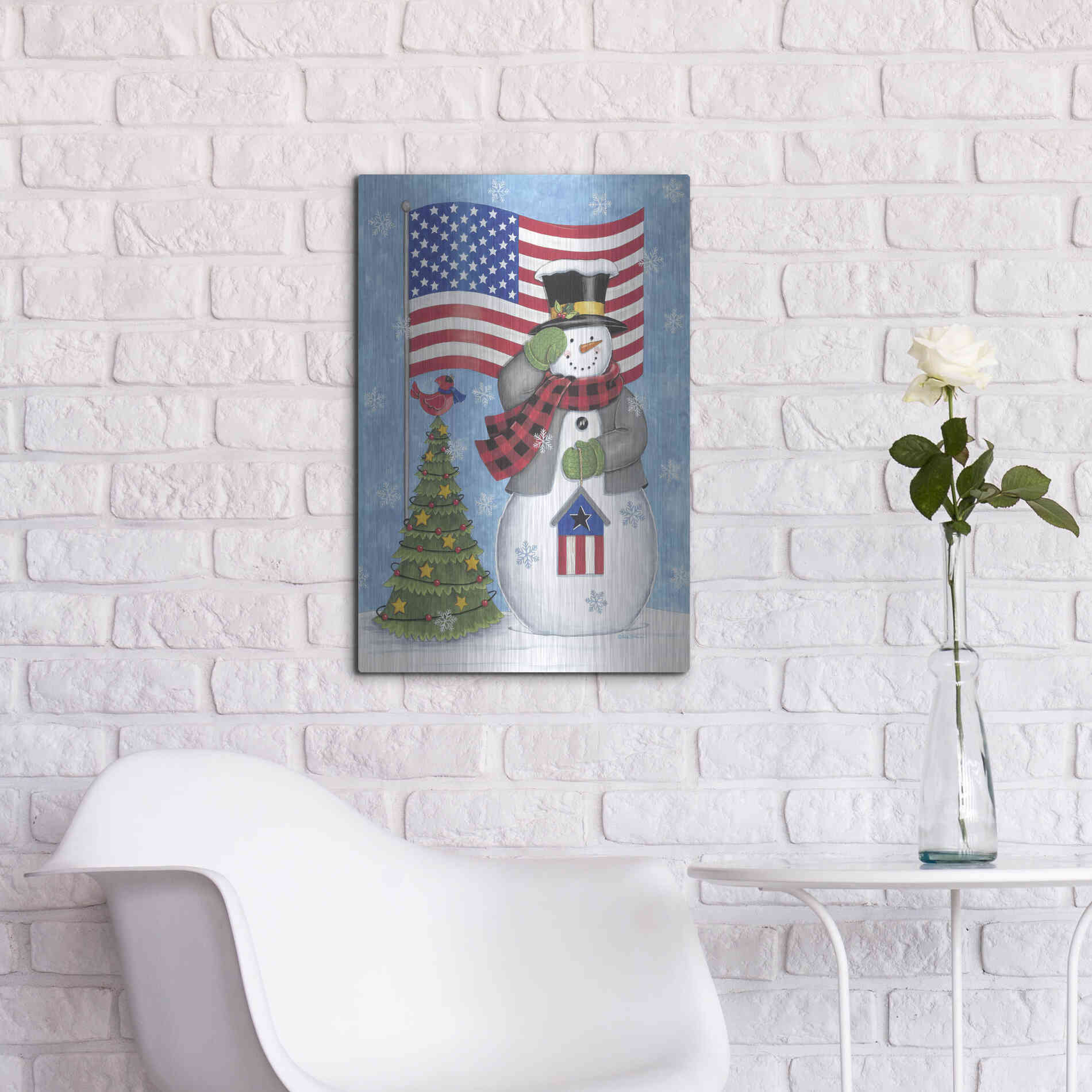 Luxe Metal Art 'Patriotic Snowman' by Deb Strain, Metal Wall Art,16x24