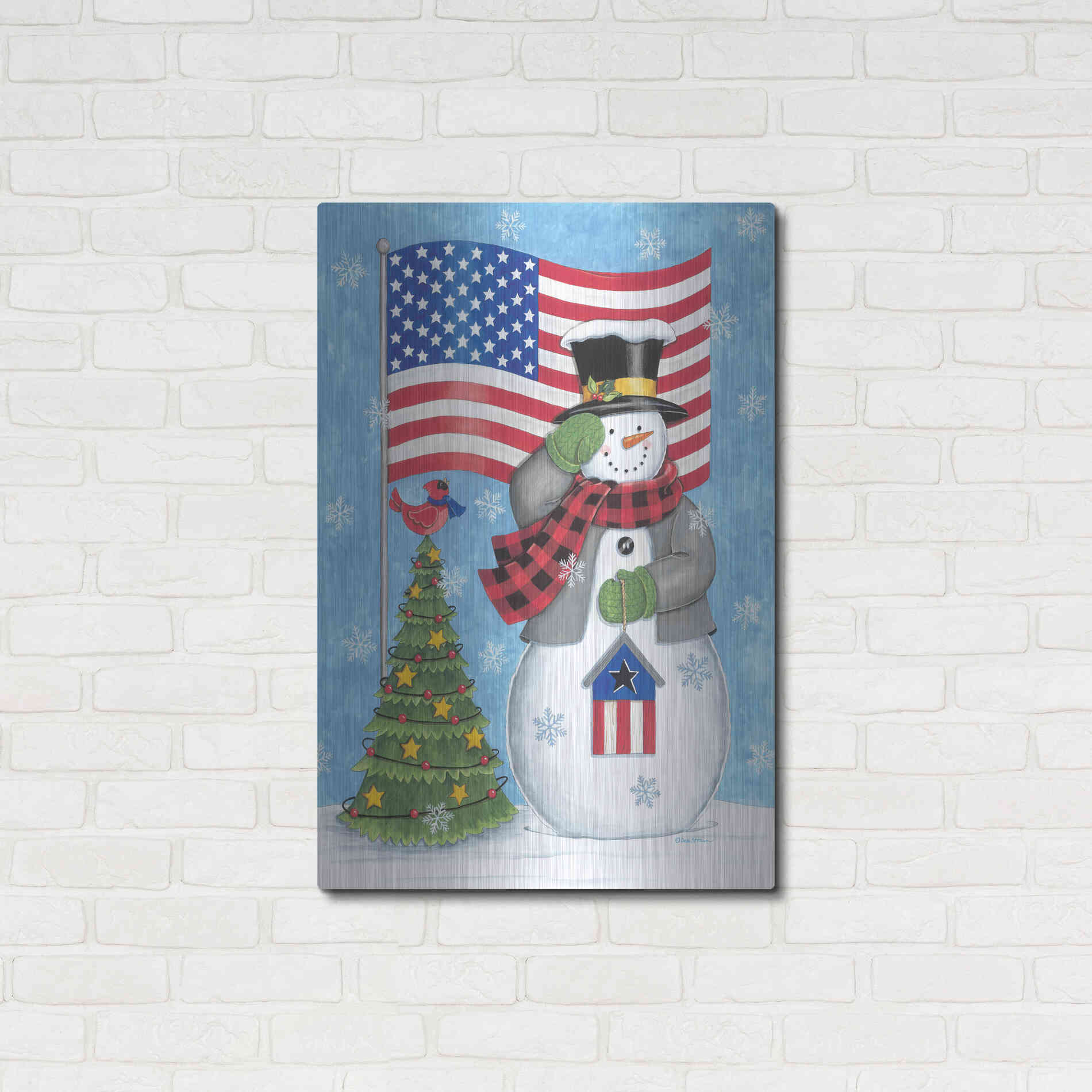 Luxe Metal Art 'Patriotic Snowman' by Deb Strain, Metal Wall Art,24x36