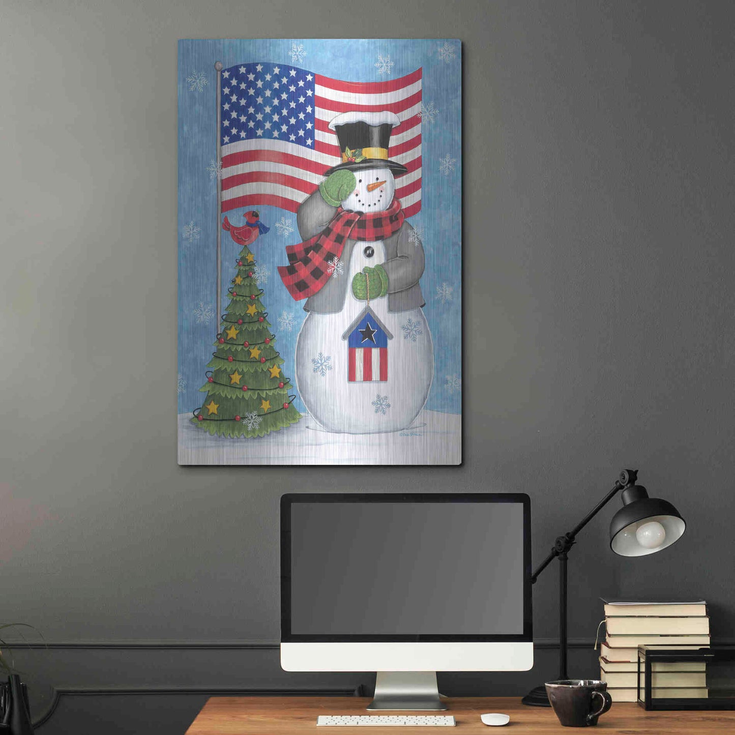 Luxe Metal Art 'Patriotic Snowman' by Deb Strain, Metal Wall Art,24x36