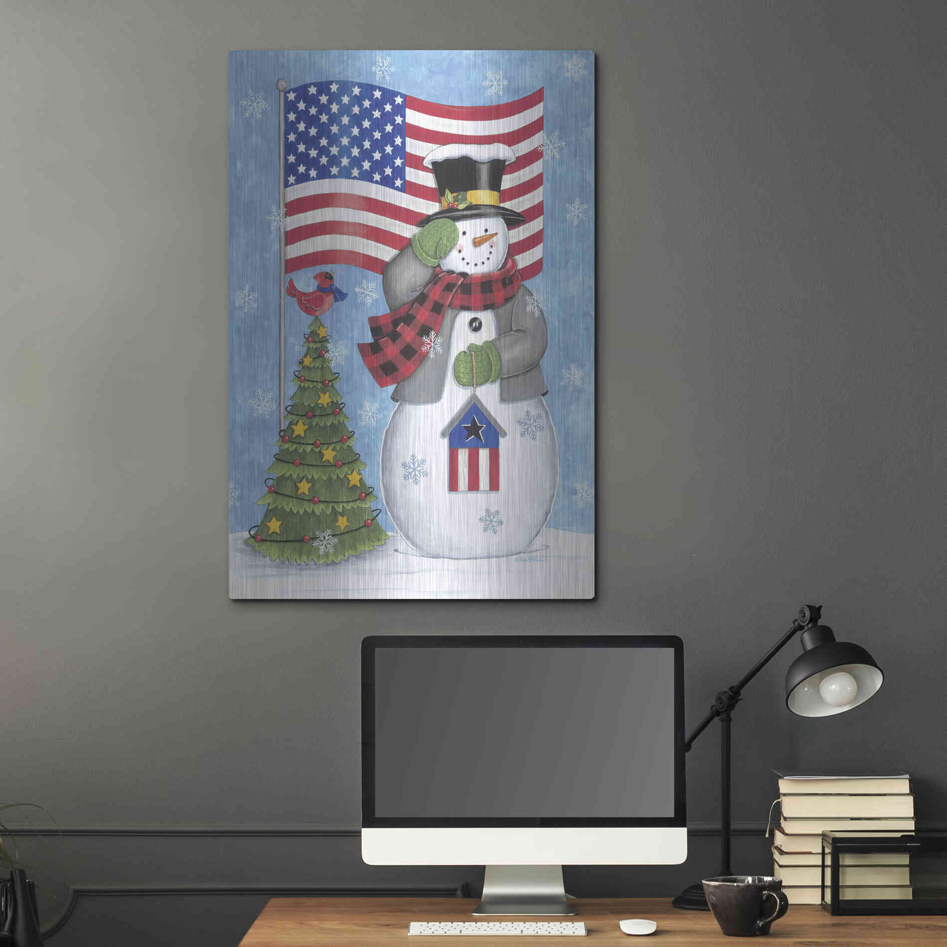 Luxe Metal Art 'Patriotic Snowman' by Deb Strain, Metal Wall Art,24x36