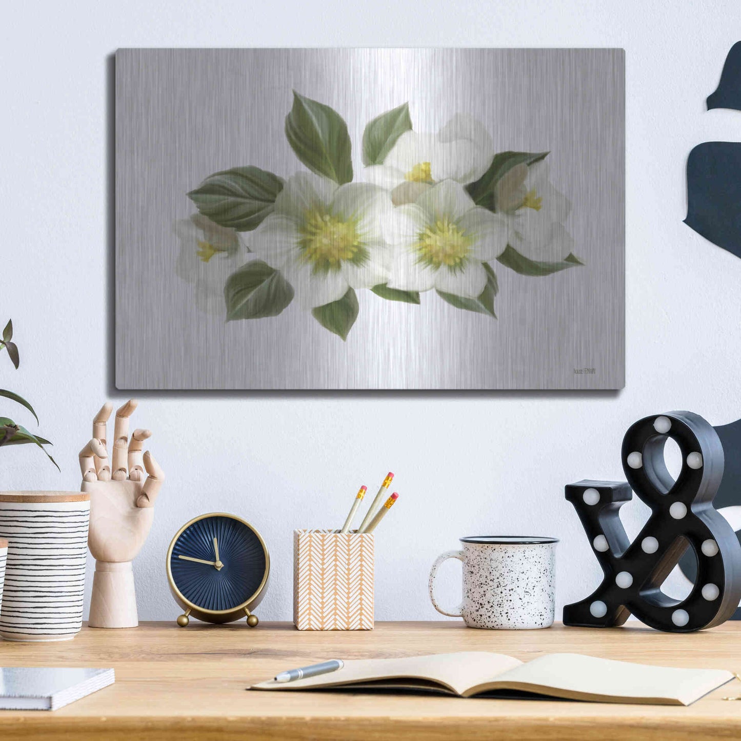 Luxe Metal Art 'White Wildflowers' by House Fenway, Metal Wall Art,16x12