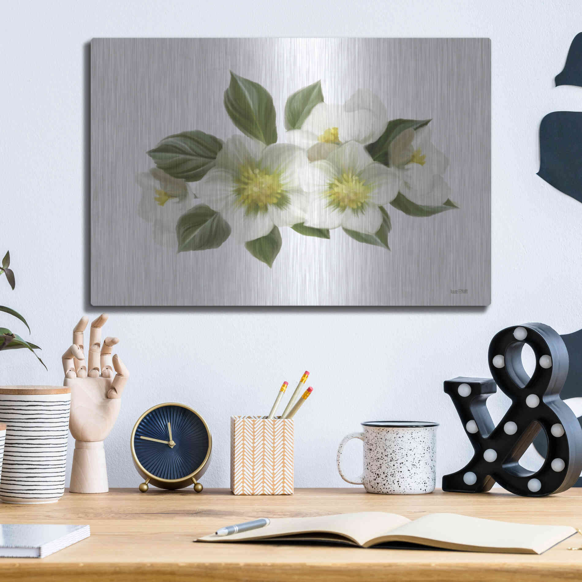 Luxe Metal Art 'White Wildflowers' by House Fenway, Metal Wall Art,16x12