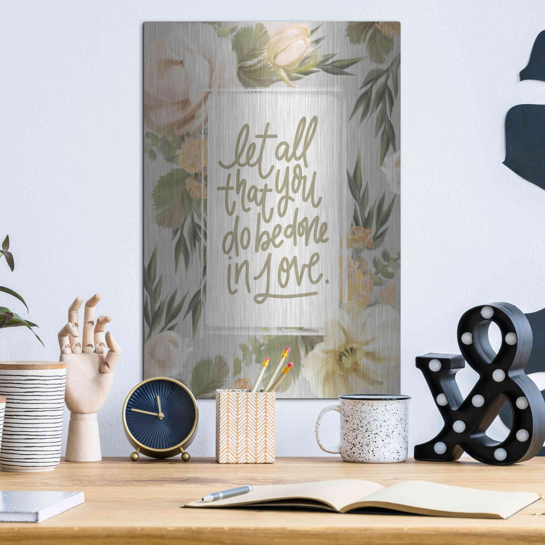 Luxe Metal Art 'Be Done in Love Floral' by House Fenway, Metal Wall Art,12x16