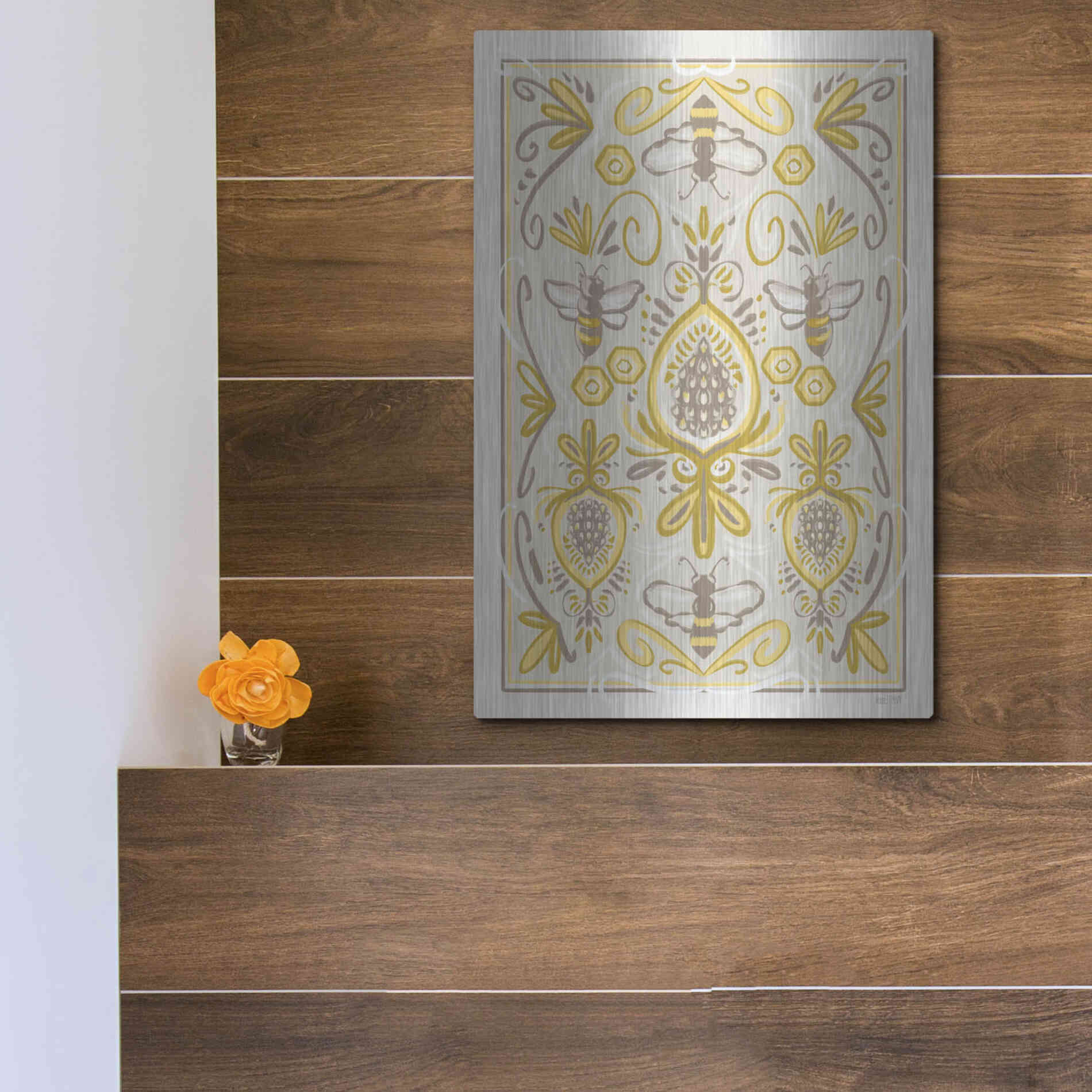 Luxe Metal Art 'Bumblebee Brocade' by House Fenway, Metal Wall Art,12x16