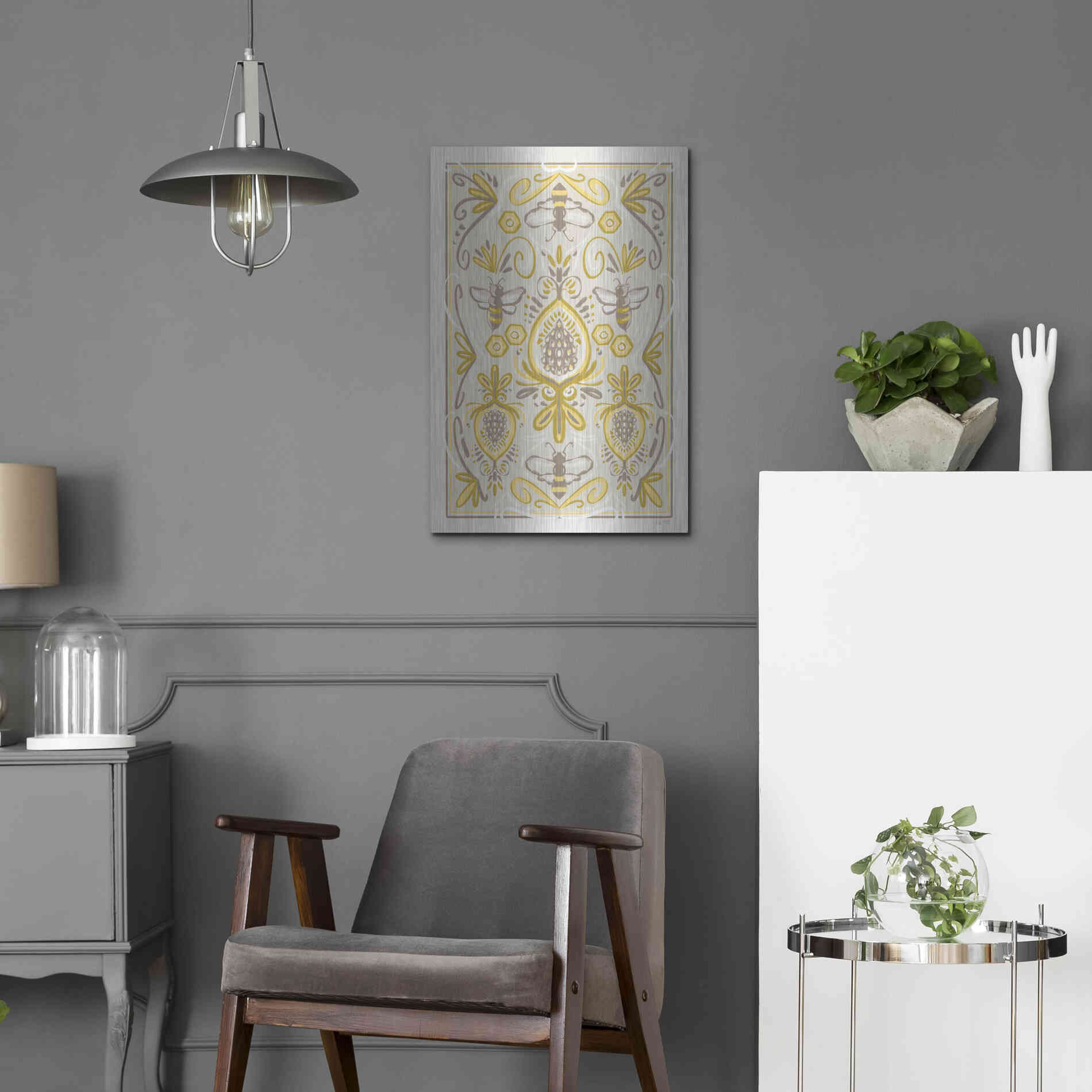 Luxe Metal Art 'Bumblebee Brocade' by House Fenway, Metal Wall Art,16x24