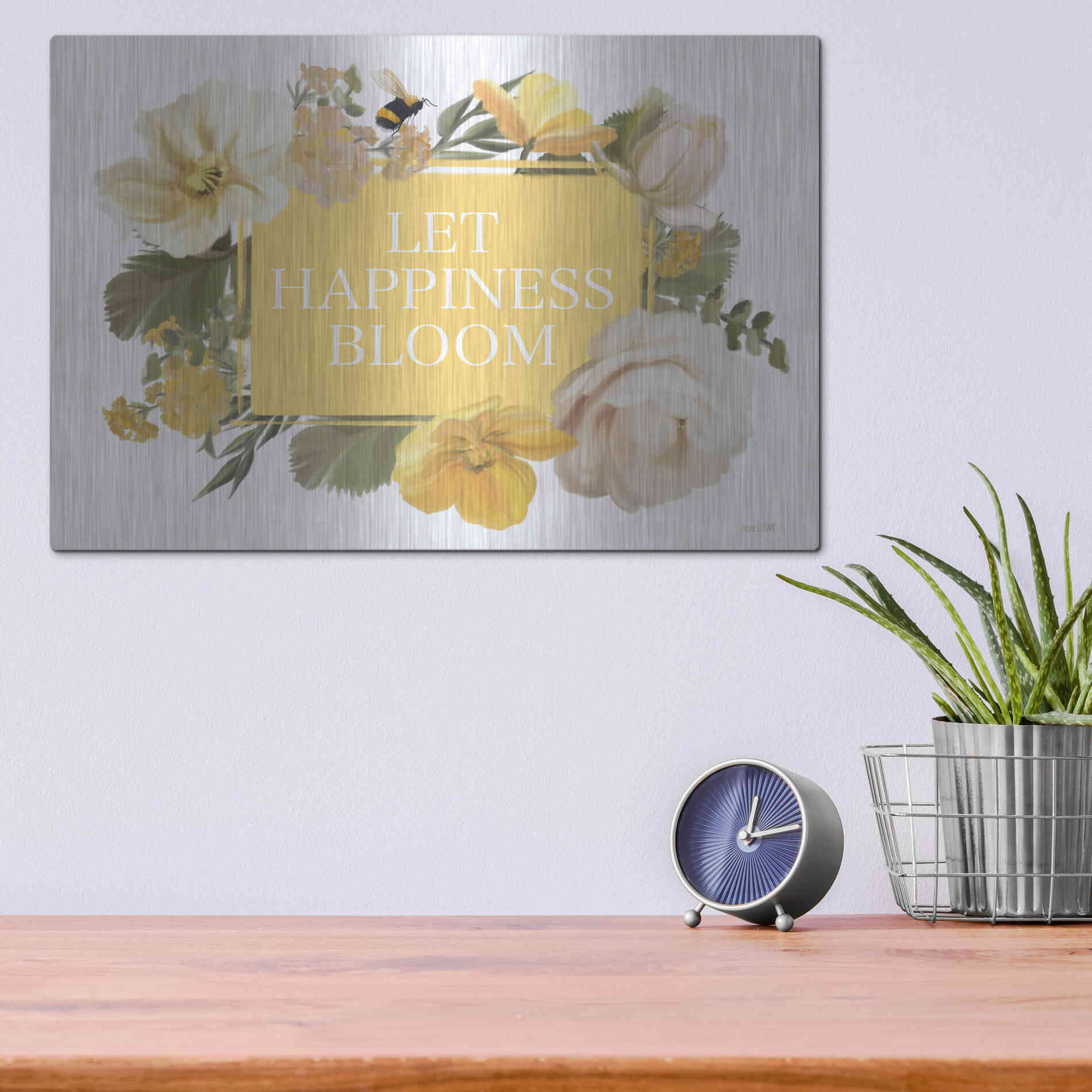 Luxe Metal Art 'Let Happiness Bloom' by House Fenway, Metal Wall Art,16x12