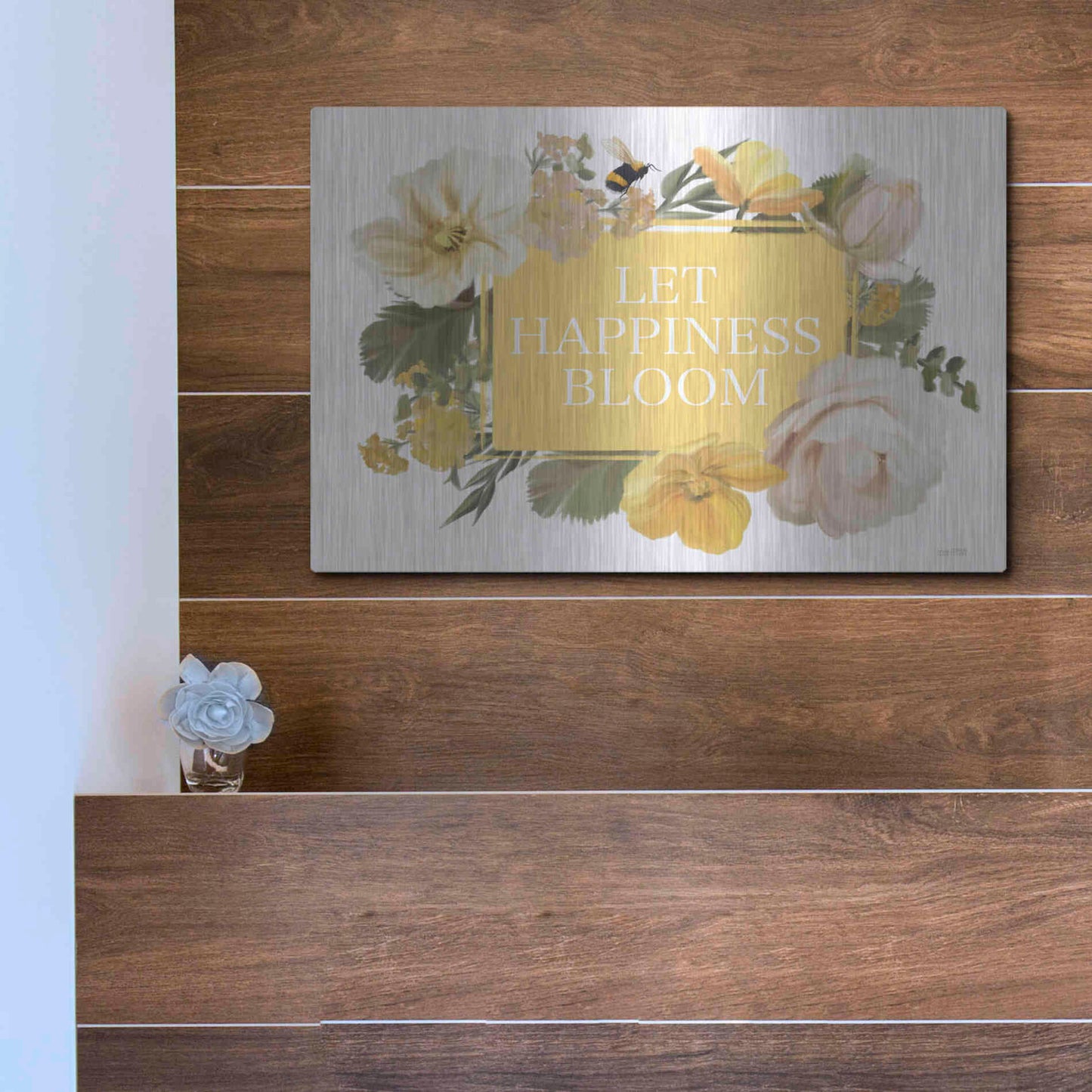 Luxe Metal Art 'Let Happiness Bloom' by House Fenway, Metal Wall Art,16x12