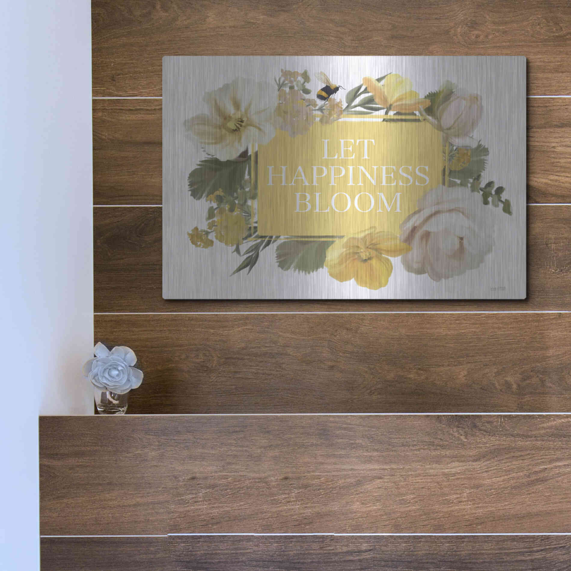 Luxe Metal Art 'Let Happiness Bloom' by House Fenway, Metal Wall Art,16x12