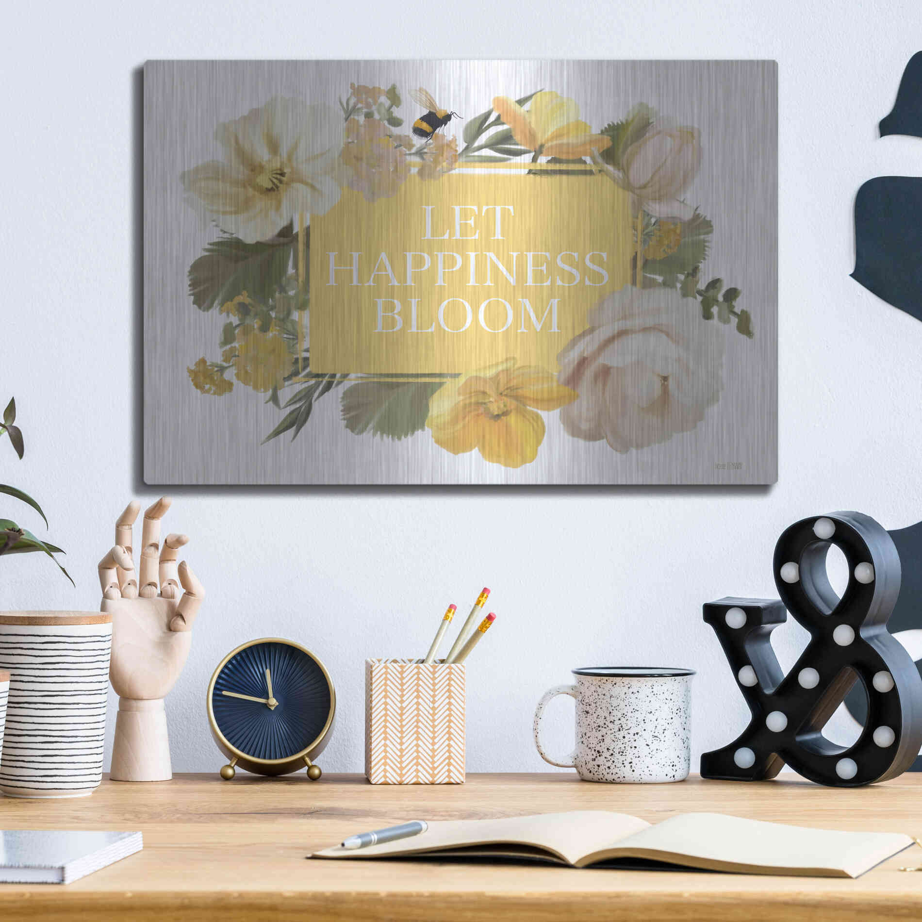 Luxe Metal Art 'Let Happiness Bloom' by House Fenway, Metal Wall Art,16x12