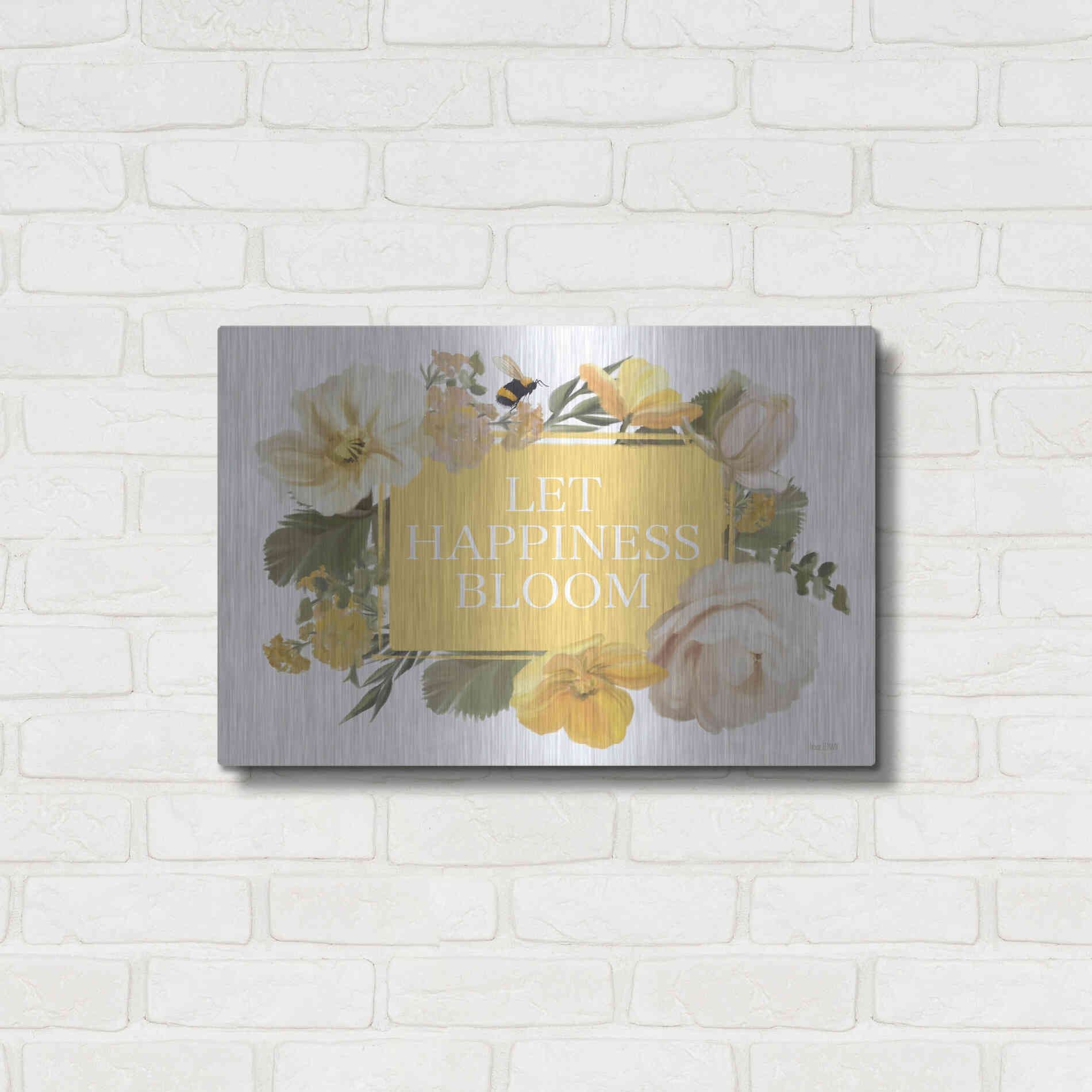 Luxe Metal Art 'Let Happiness Bloom' by House Fenway, Metal Wall Art,24x16