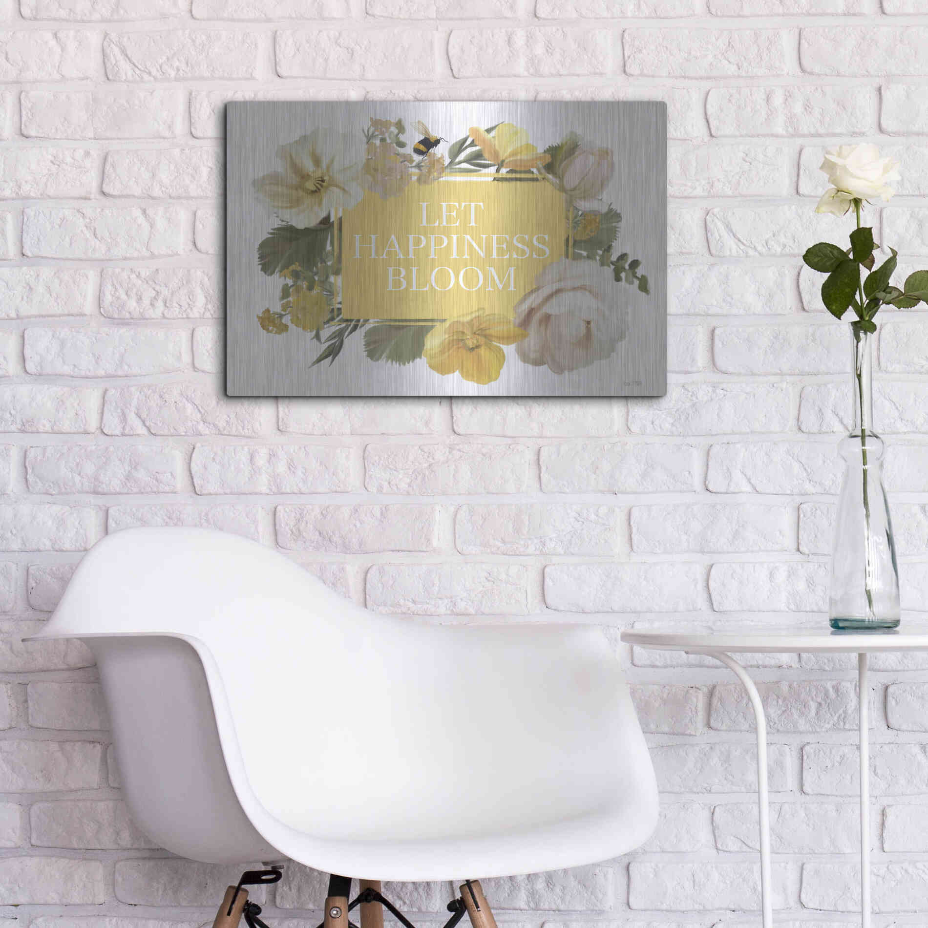 Luxe Metal Art 'Let Happiness Bloom' by House Fenway, Metal Wall Art,24x16