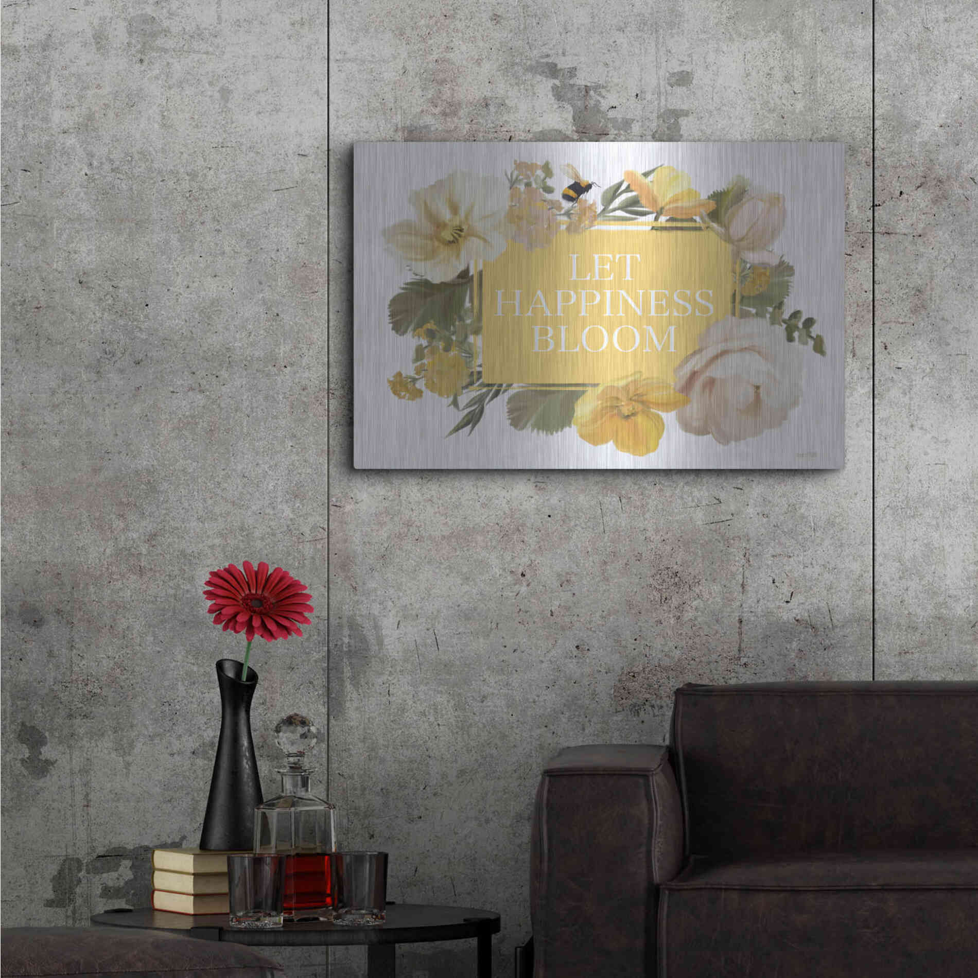 Luxe Metal Art 'Let Happiness Bloom' by House Fenway, Metal Wall Art,36x24