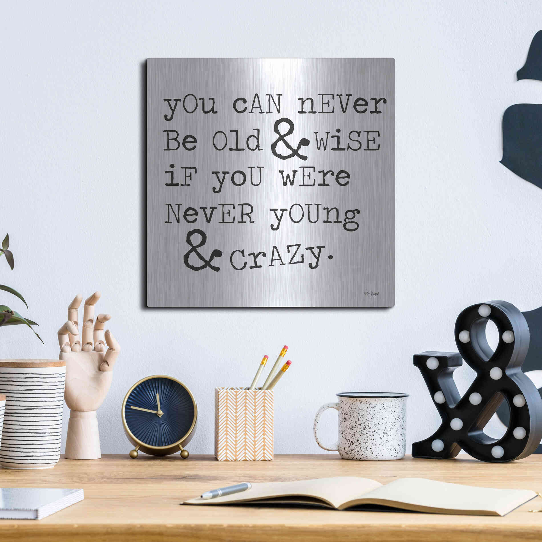 Luxe Metal Art 'Young & Crazy   ' by Jaxn Blvd., Metal Wall Art,12x12