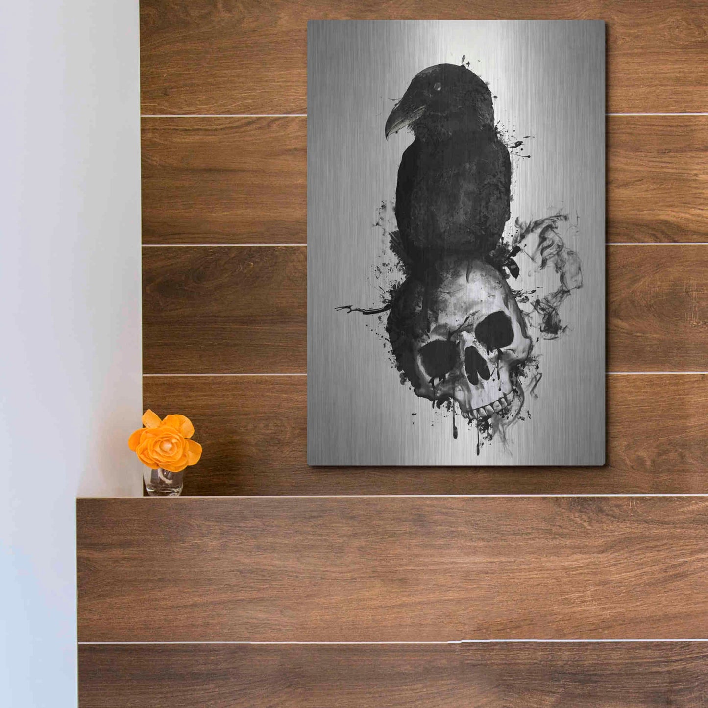 Luxe Metal Art 'Raven and Skull' by Nicklas Gustafsson, Metal Wall Art,12x16