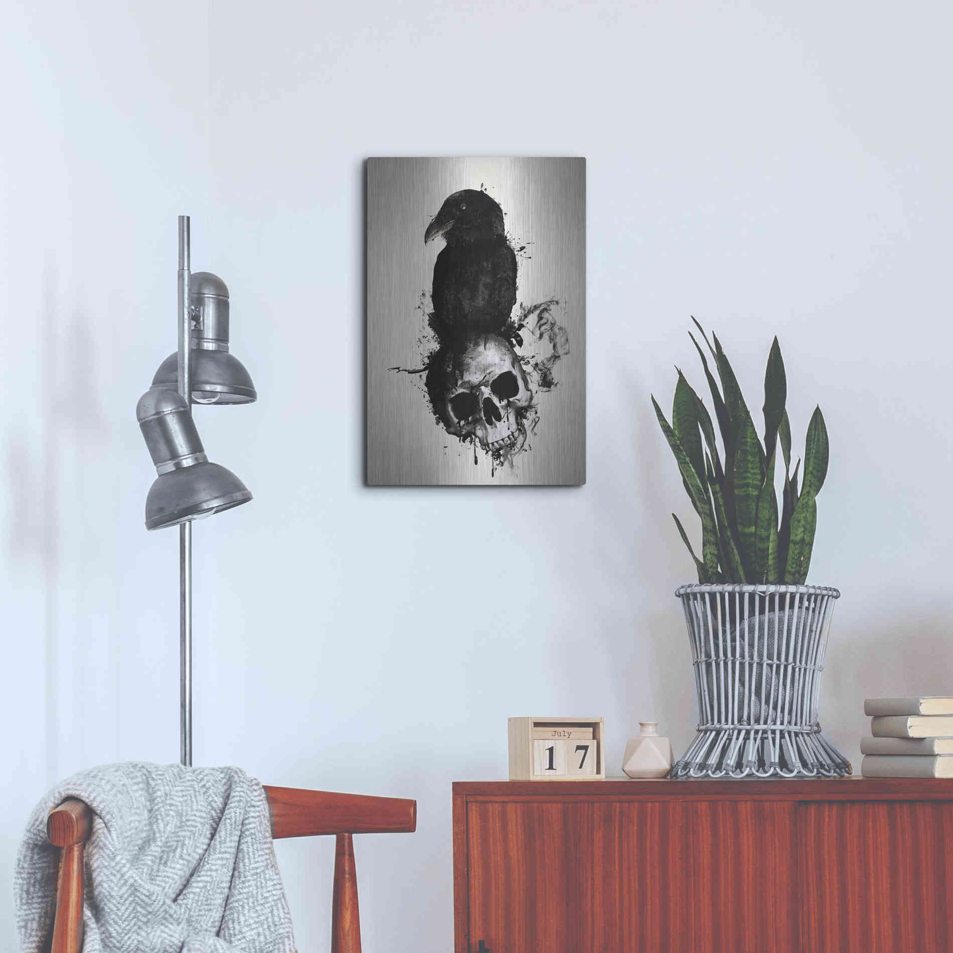 Luxe Metal Art 'Raven and Skull' by Nicklas Gustafsson, Metal Wall Art,16x24
