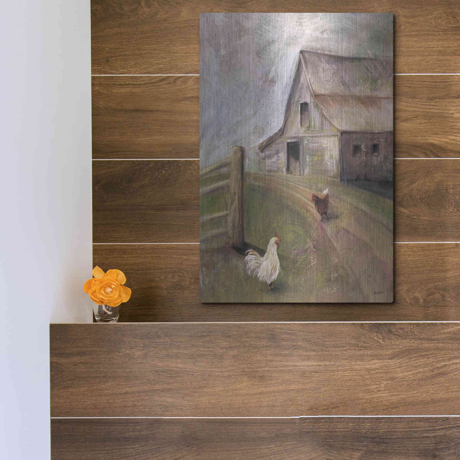 Luxe Metal Art 'Chickens in the Barnyard' by Kelley Talent, Metal Wall Art,12x16