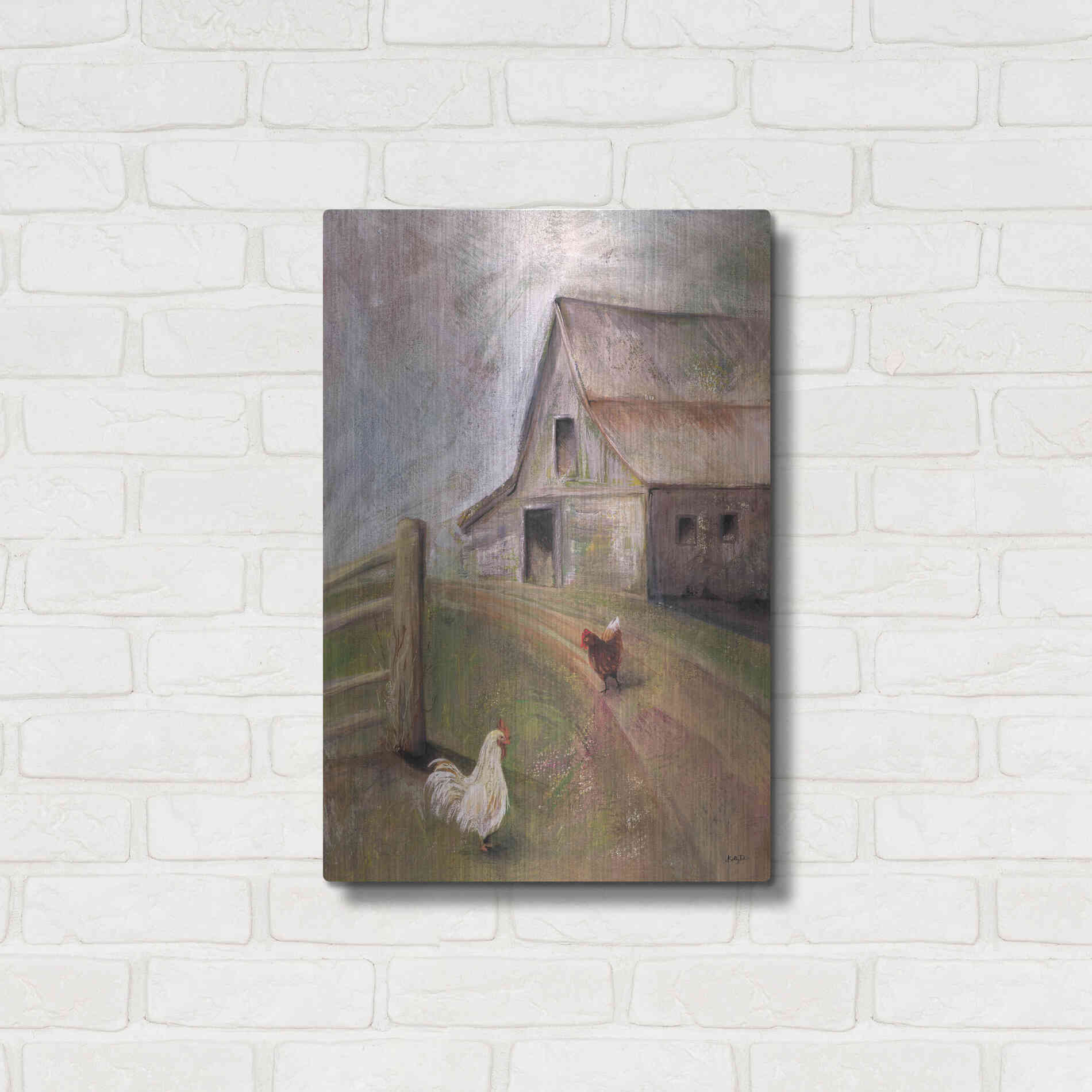 Luxe Metal Art 'Chickens in the Barnyard' by Kelley Talent, Metal Wall Art,16x24