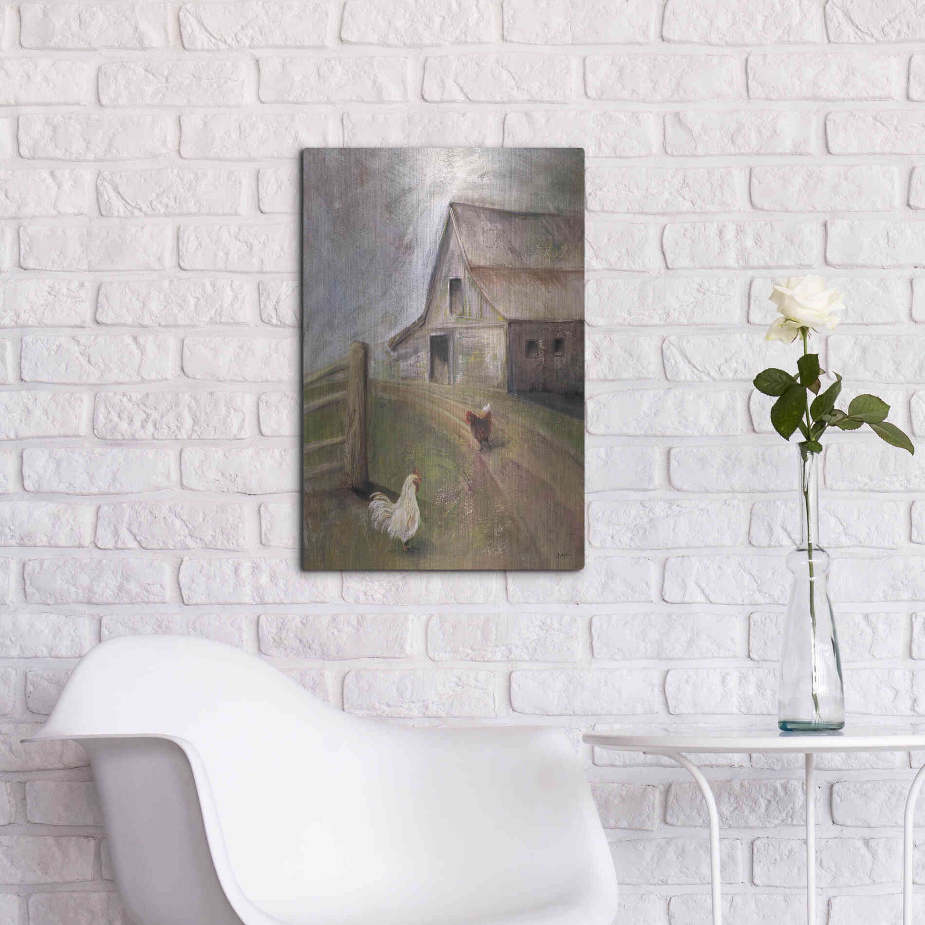 Luxe Metal Art 'Chickens in the Barnyard' by Kelley Talent, Metal Wall Art,16x24