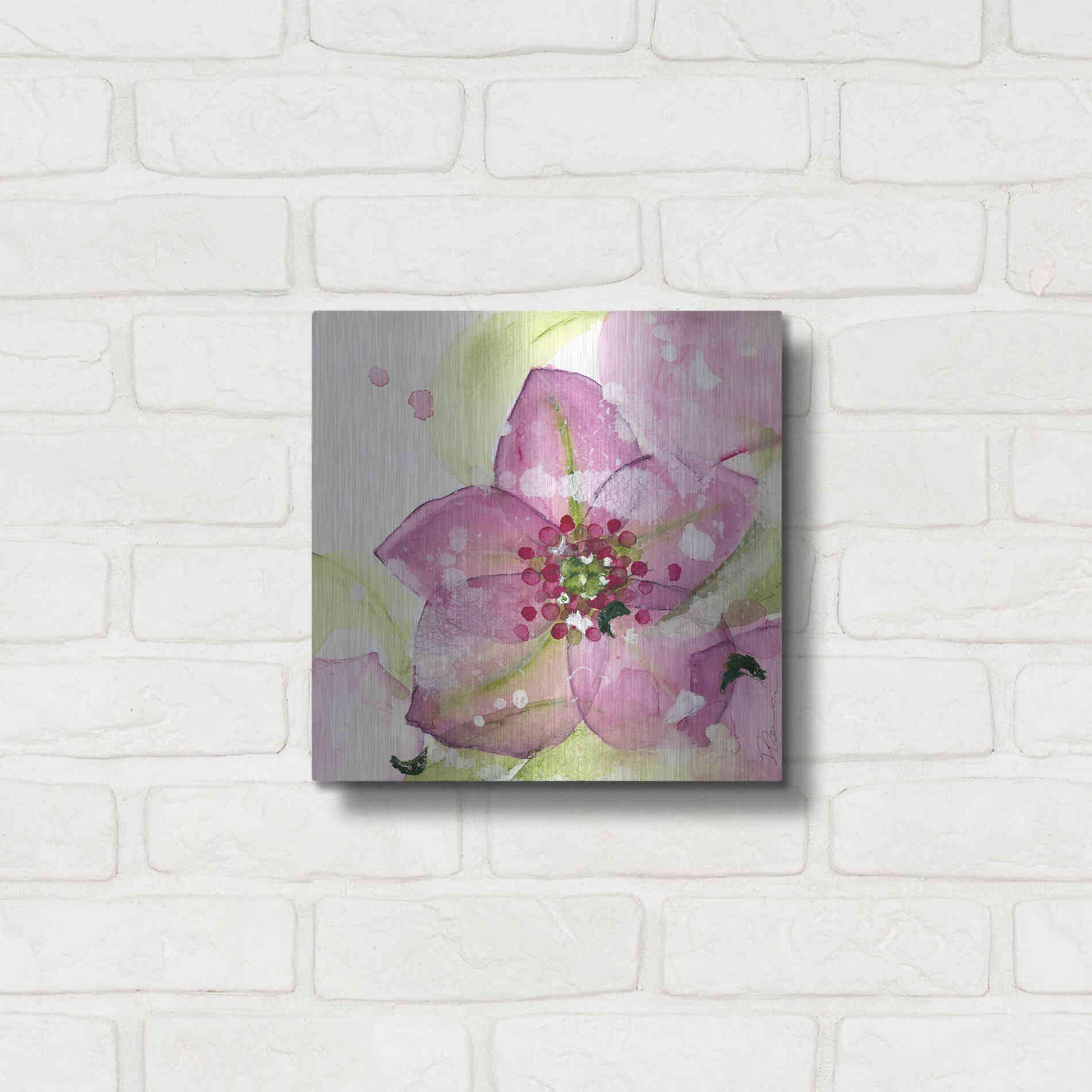 Luxe Metal Art 'Pink Flower in the Snow' by Dawn Derman, Metal Wall Art,12x12