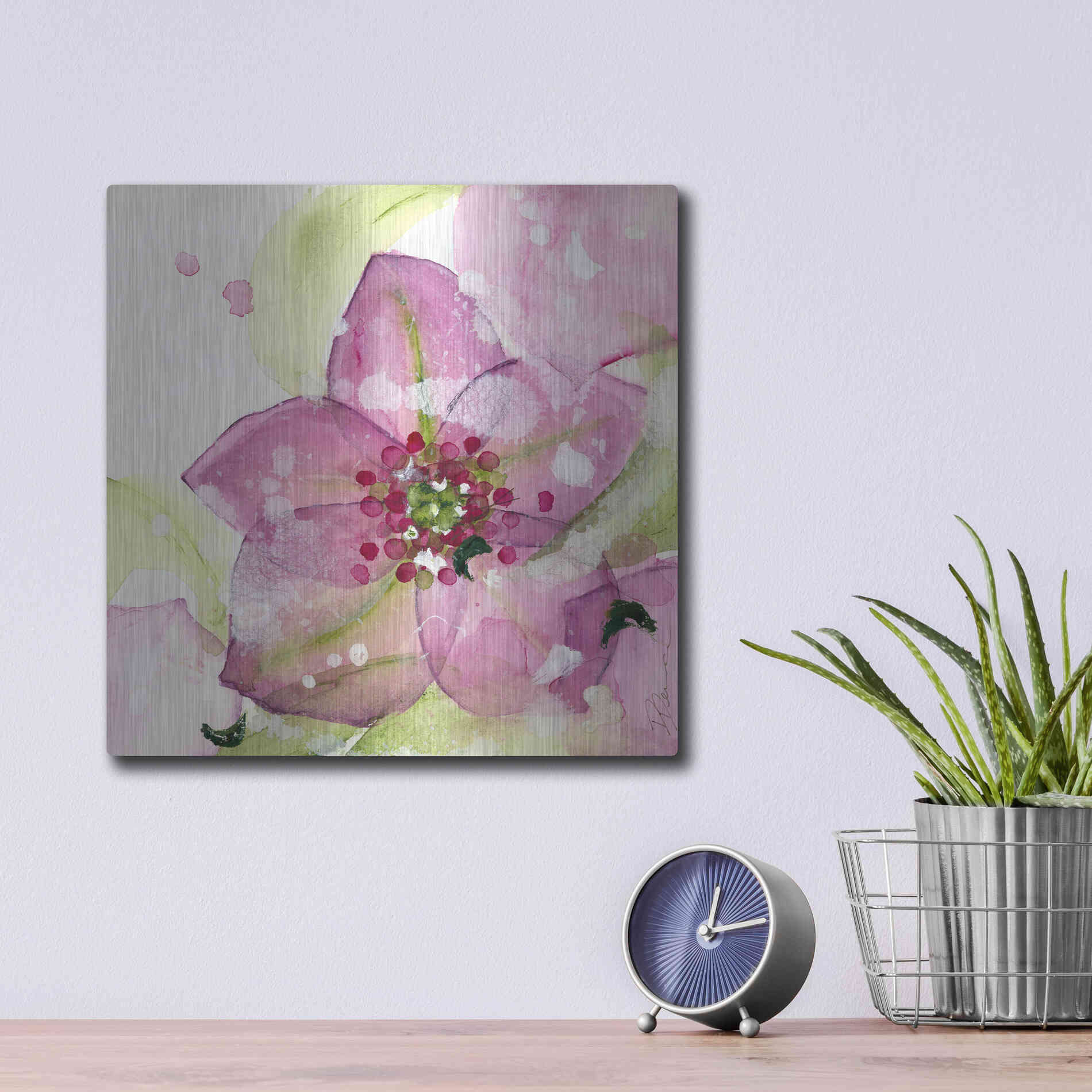 Luxe Metal Art 'Pink Flower in the Snow' by Dawn Derman, Metal Wall Art,12x12