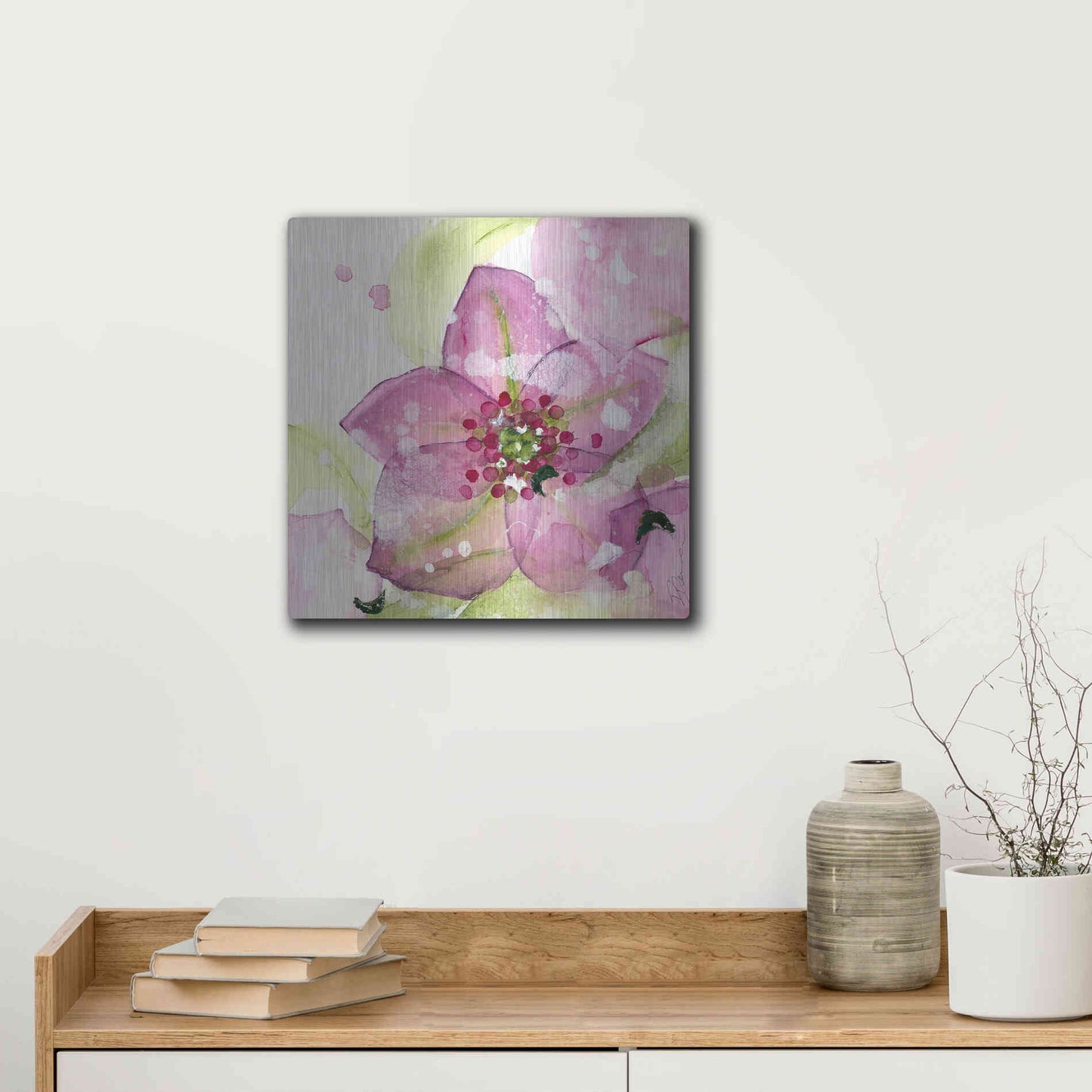 Luxe Metal Art 'Pink Flower in the Snow' by Dawn Derman, Metal Wall Art,12x12