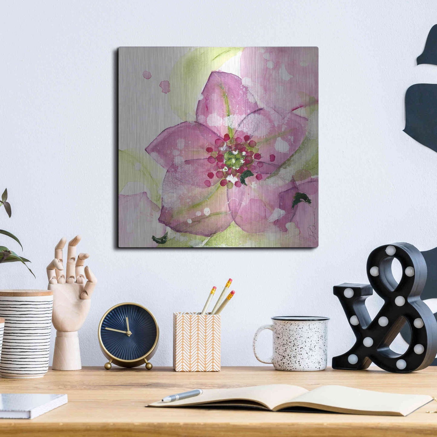 Luxe Metal Art 'Pink Flower in the Snow' by Dawn Derman, Metal Wall Art,12x12