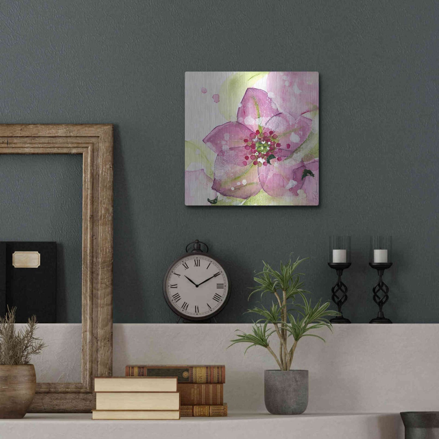 Luxe Metal Art 'Pink Flower in the Snow' by Dawn Derman, Metal Wall Art,12x12