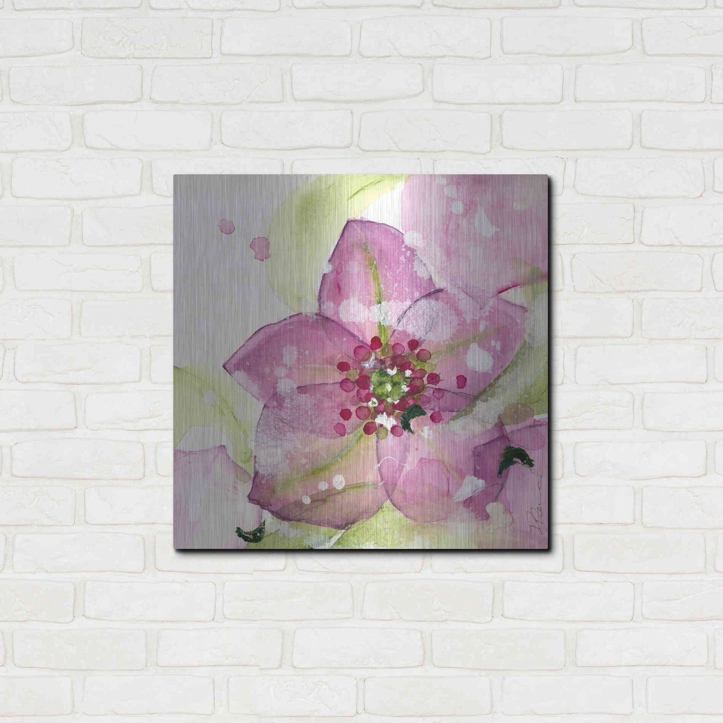 Luxe Metal Art 'Pink Flower in the Snow' by Dawn Derman, Metal Wall Art,24x24