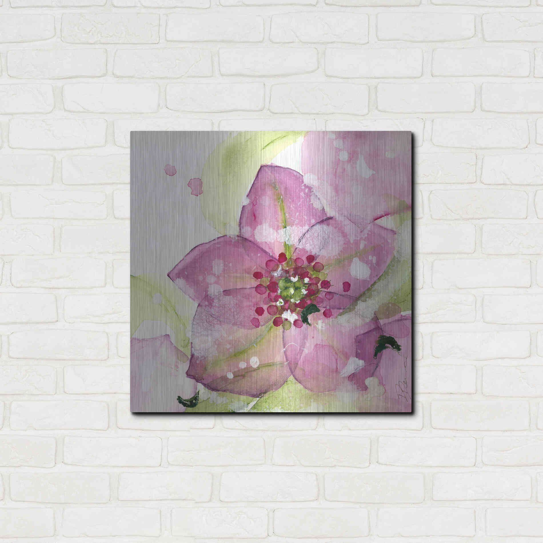 Luxe Metal Art 'Pink Flower in the Snow' by Dawn Derman, Metal Wall Art,24x24