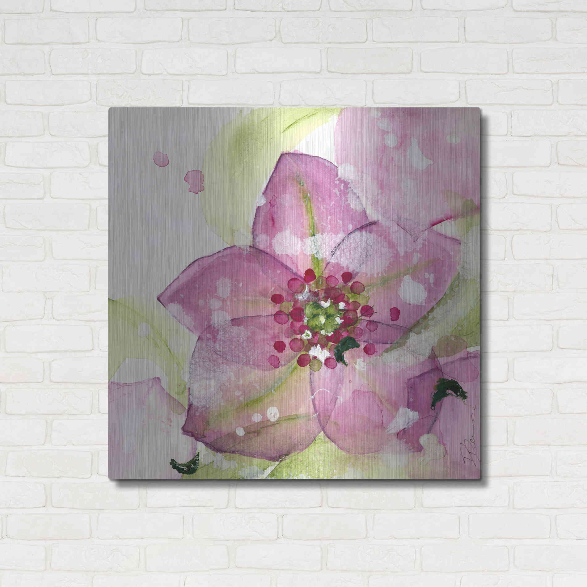 Luxe Metal Art 'Pink Flower in the Snow' by Dawn Derman, Metal Wall Art,36x36