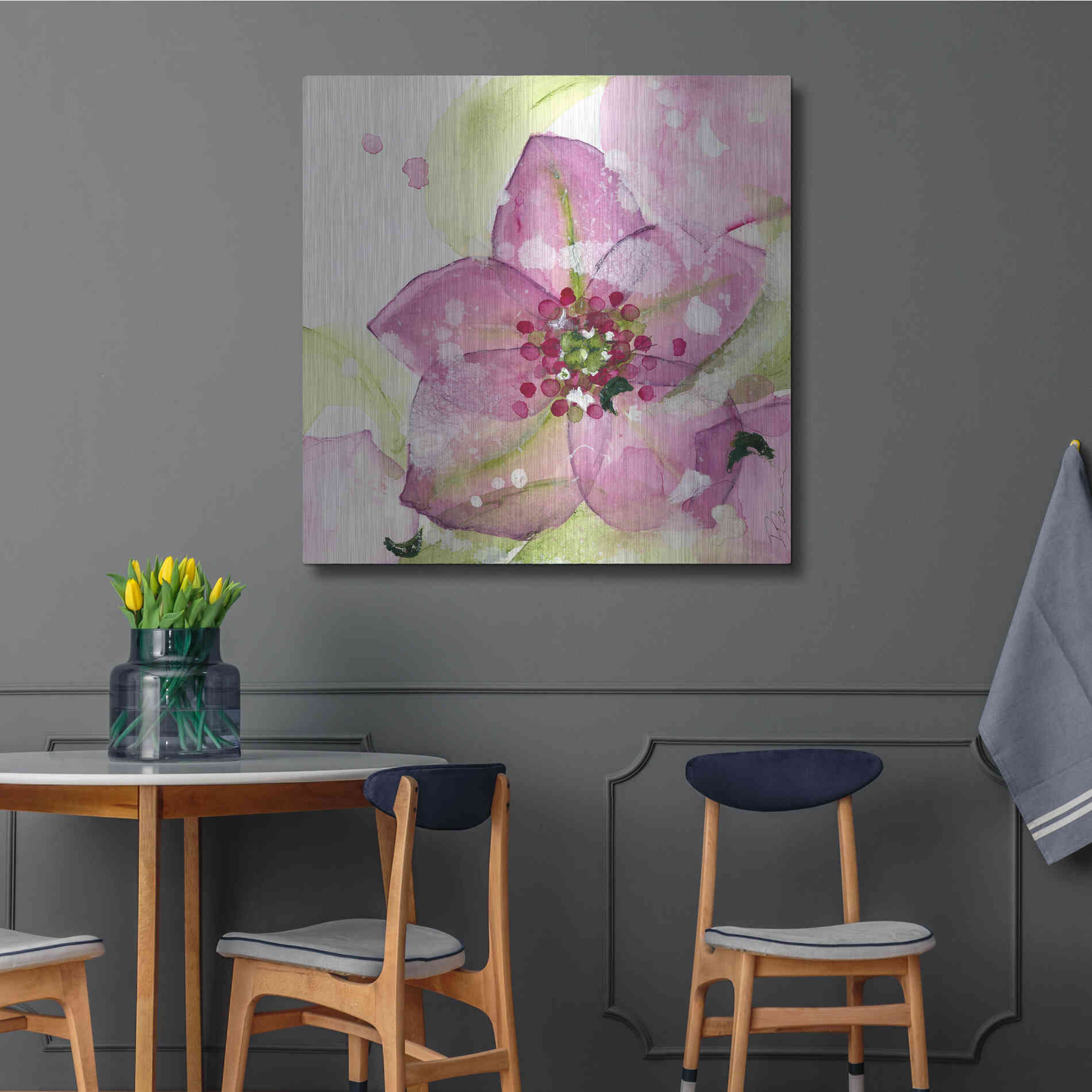 Luxe Metal Art 'Pink Flower in the Snow' by Dawn Derman, Metal Wall Art,36x36