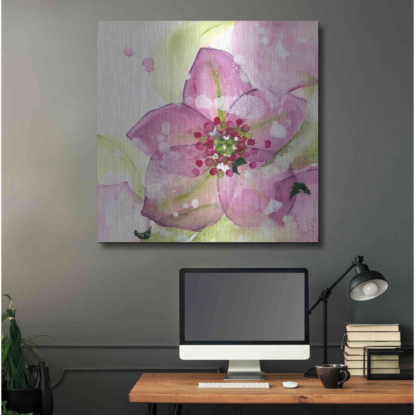 Luxe Metal Art 'Pink Flower in the Snow' by Dawn Derman, Metal Wall Art,36x36