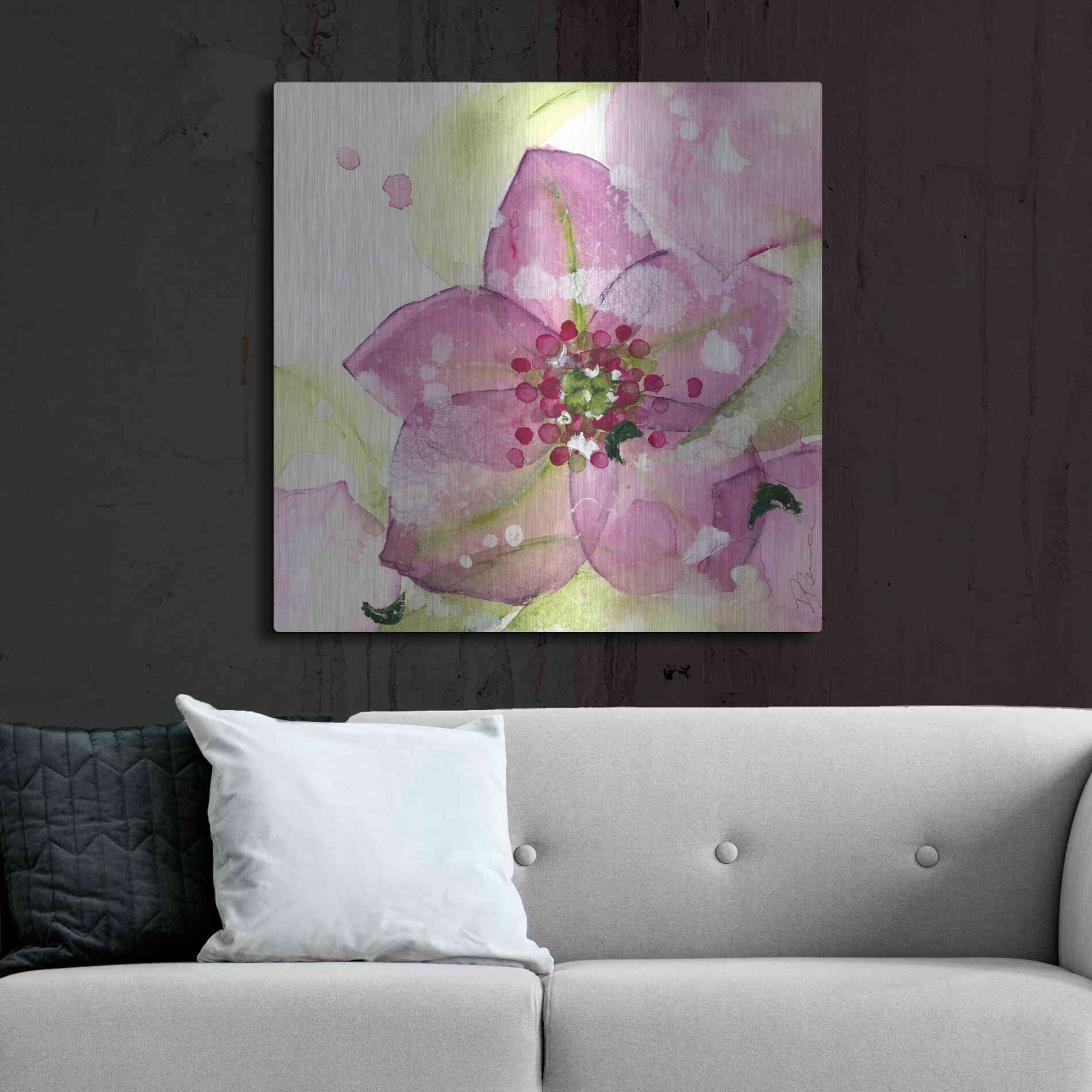 Luxe Metal Art 'Pink Flower in the Snow' by Dawn Derman, Metal Wall Art,36x36