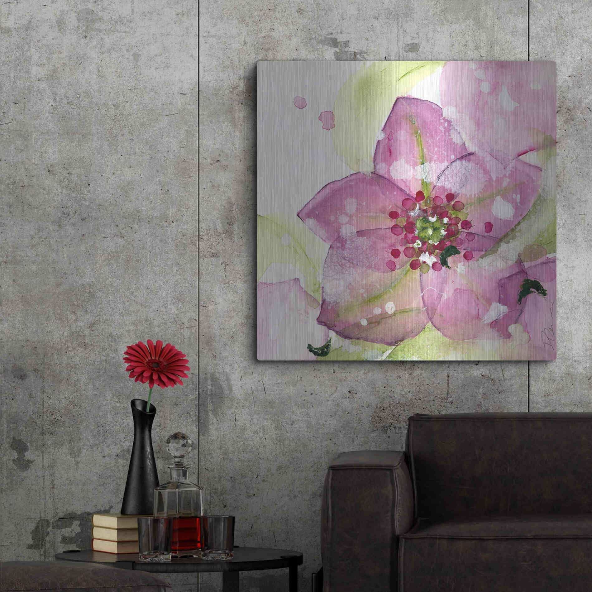 Luxe Metal Art 'Pink Flower in the Snow' by Dawn Derman, Metal Wall Art,36x36