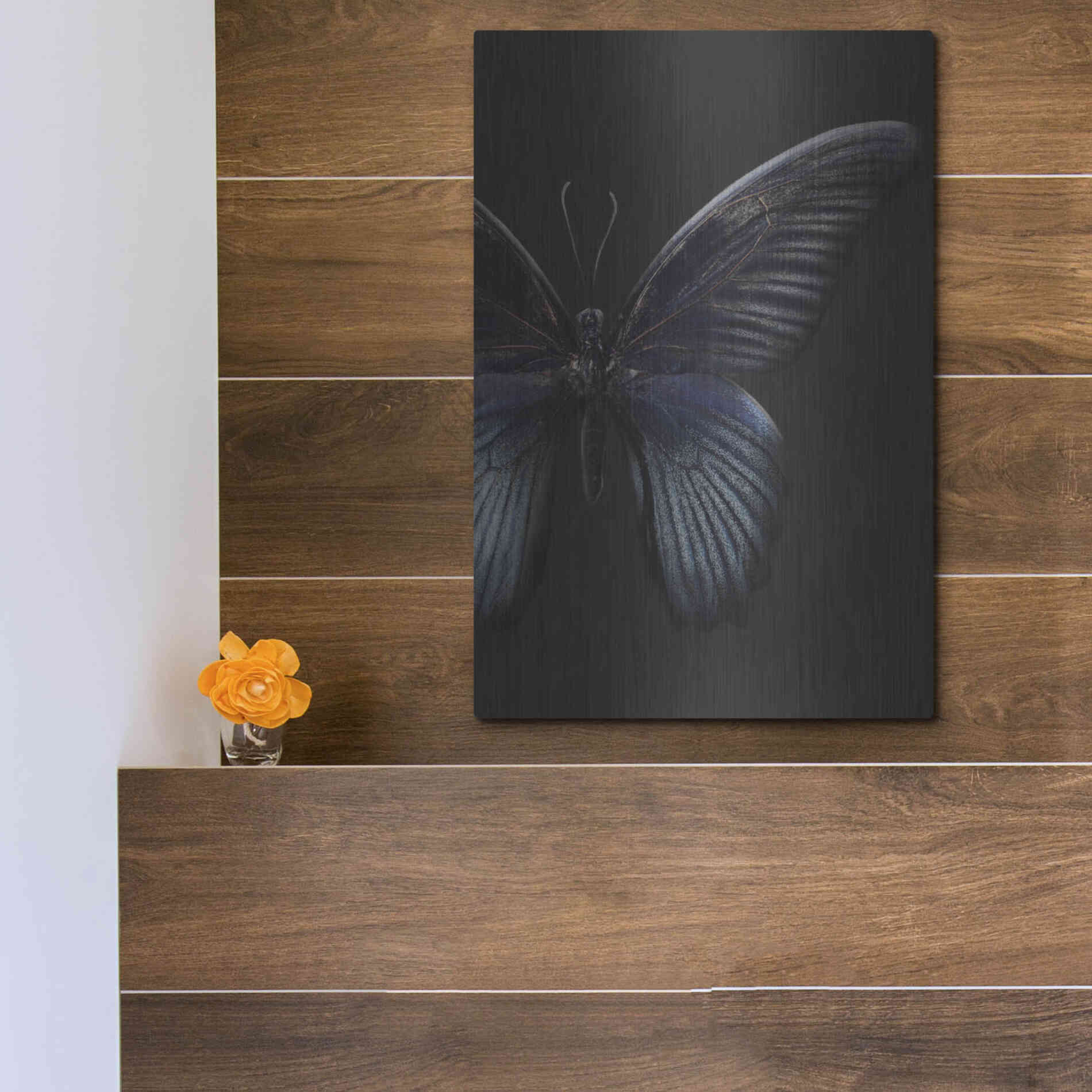 Luxe Metal Art 'Black Butterfly on Grey' by Design Fabrikken, Metal Wall Art,12x16