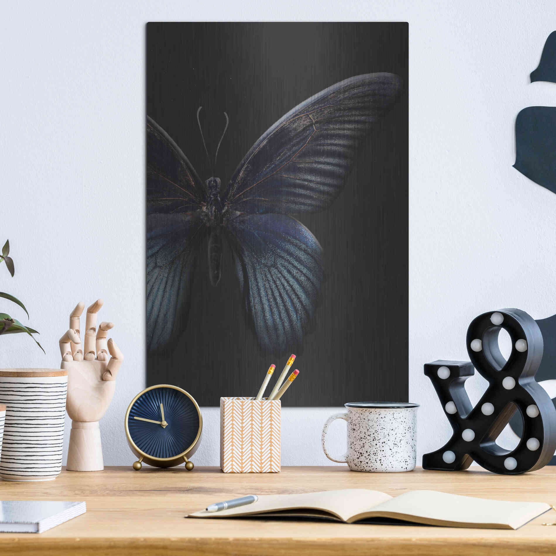 Luxe Metal Art 'Black Butterfly on Grey' by Design Fabrikken, Metal Wall Art,12x16